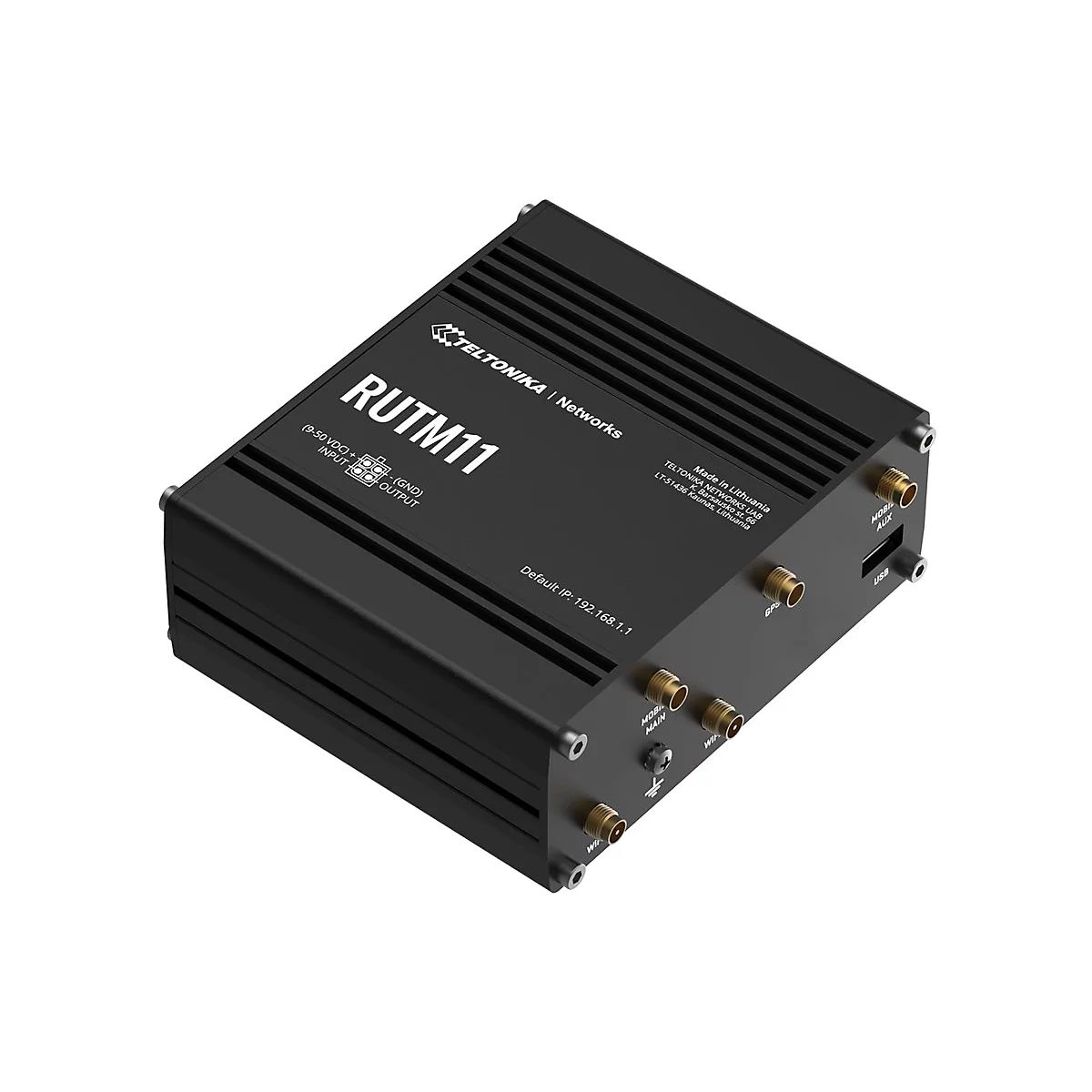 Schwarzer Teltonika RUTM11 Router in Metallgehäuse mit Antennenanschlüssen vor weißem Hintergrund.