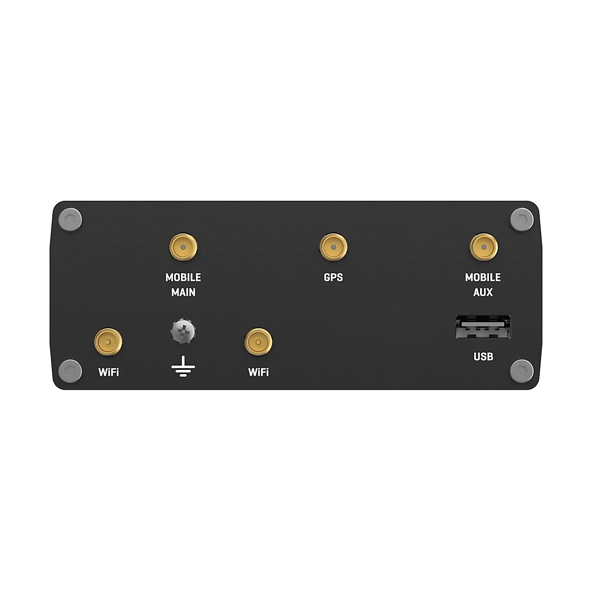 Rückseite eines schwarzen elektronischen Geräts mit Anschlüssen für WiFi, Mobilfunk, GPS, USB und Erdung.