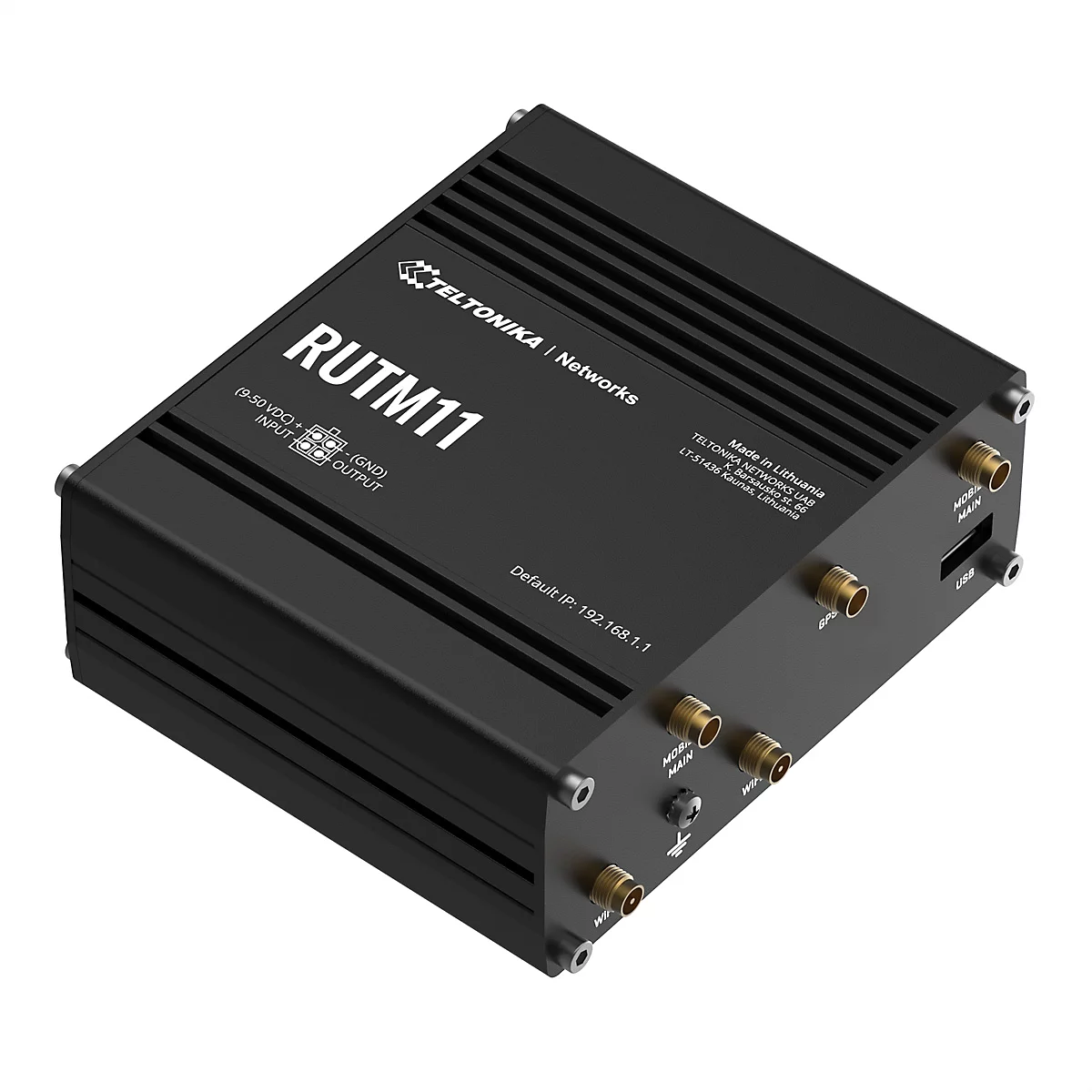 Schwarzes RUTM11-Gerät von Teltonika. Mit Anschlüssen wie WLAN, GPS und USB.