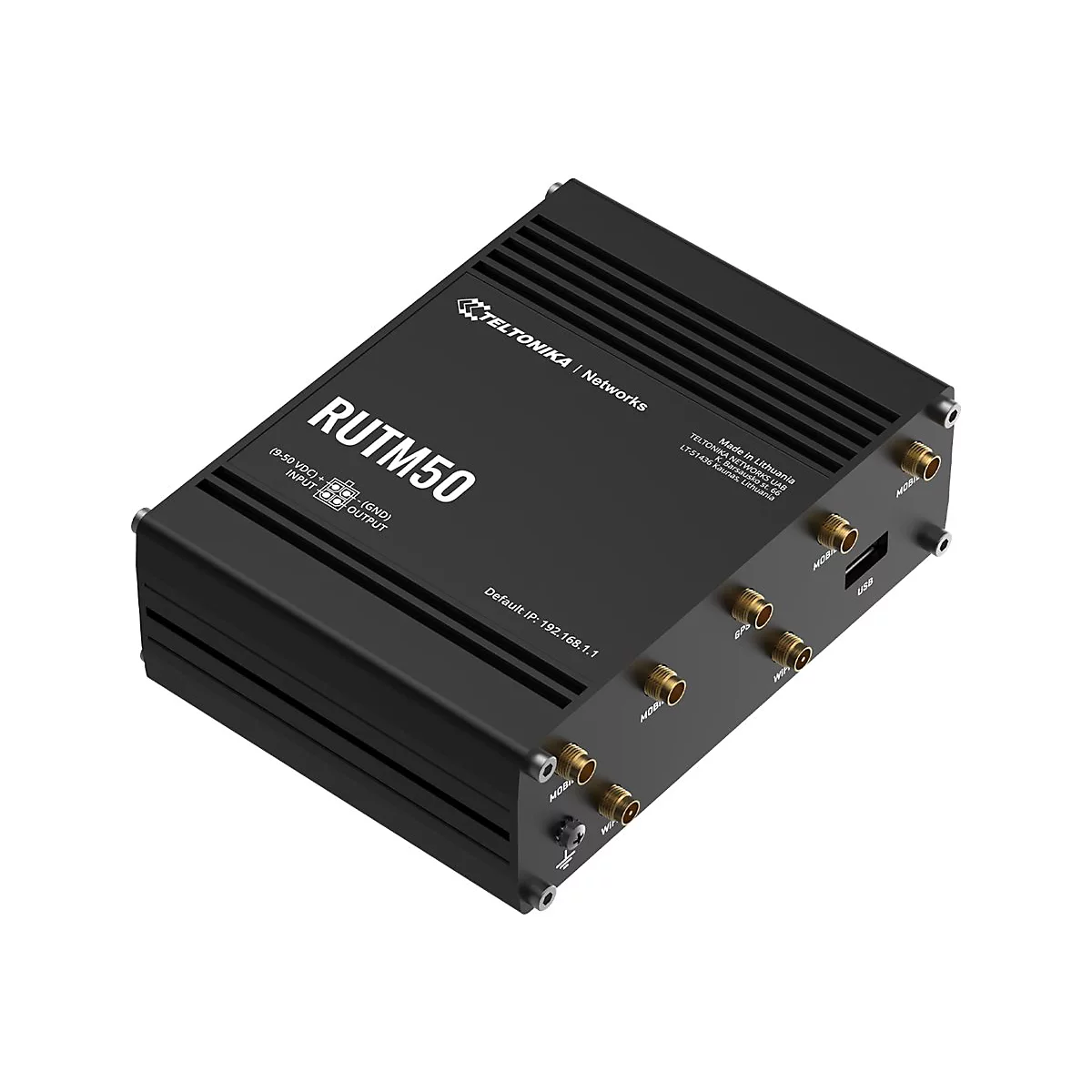 Schwarzer Router mit "RUTM50" und "TELTONIKA Networks" Schriftzügen. Anschlüsse und Angaben wie "Made in Lithuania".