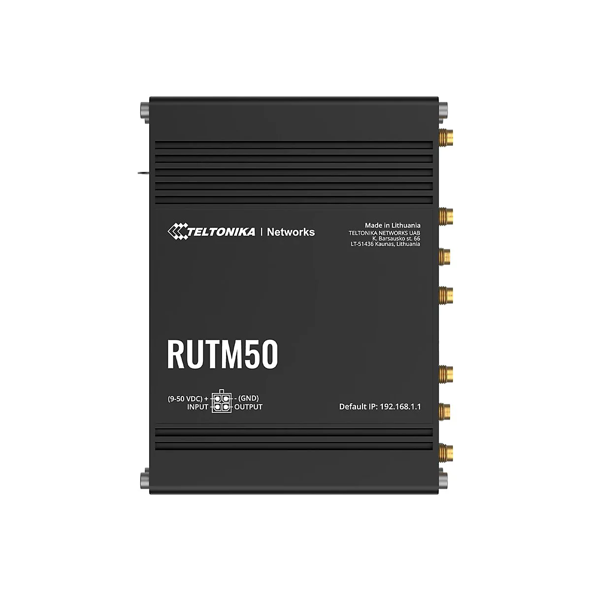 Schwarzer Netzwerkrouter RUTM50 mit Logos und technischen Spezifikationen. Aufschrift: TELTONIKA | Networks, RUTM50 und Made in Lithuania.