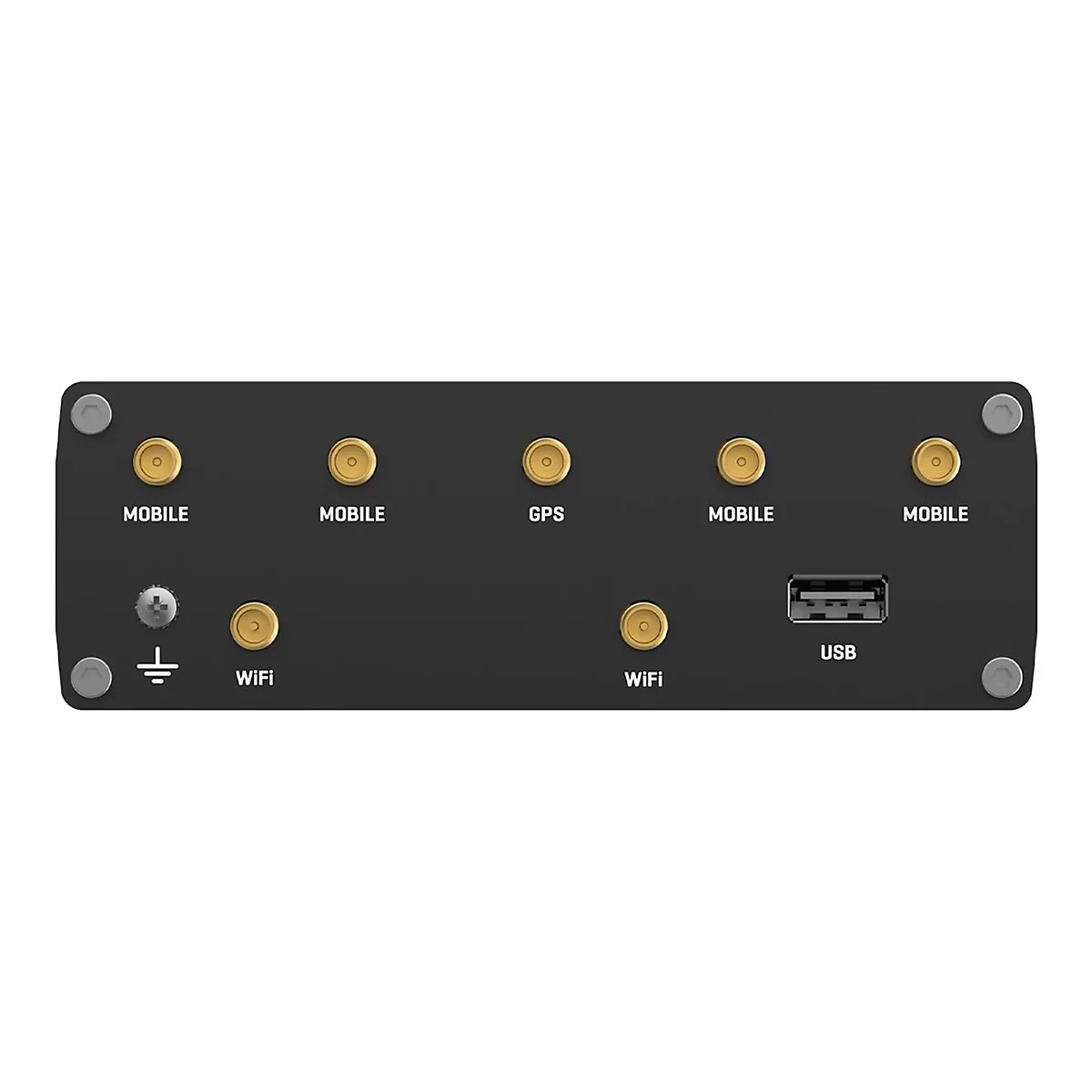 Schwarzes elektronisches Gerät mit Antennenanschlüssen, USB und Beschriftung. Die Beschriftung beinhaltet "Mobile", "GPS", "WiFi" und "USB".