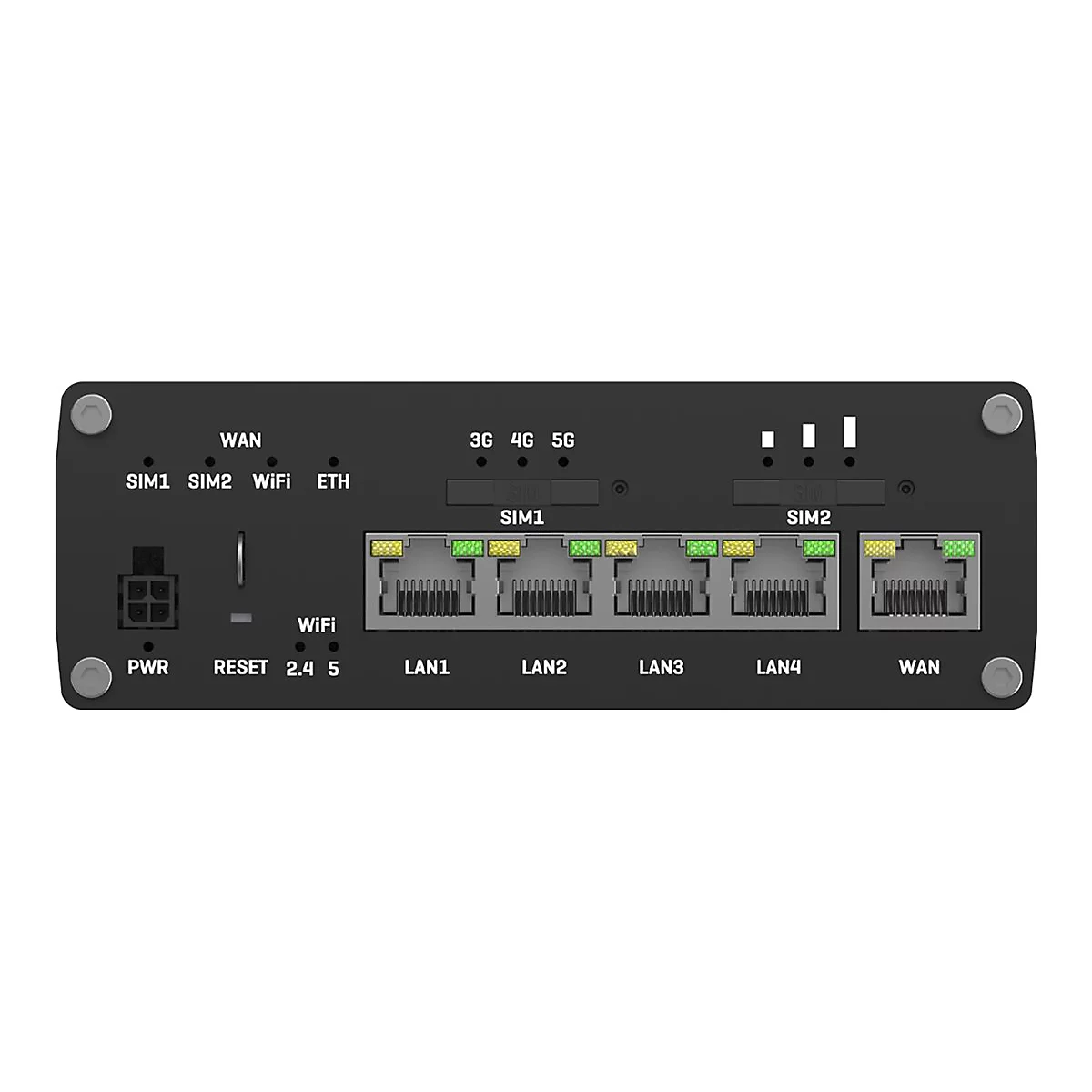 Schwarzes Router-Panel mit Anschlüssen für SIM, LAN, WAN und WLAN. Beschriftungen: PWR, RESET, 3G, 4G, 5G, SIM1, SIM2, WiFi, ETH.