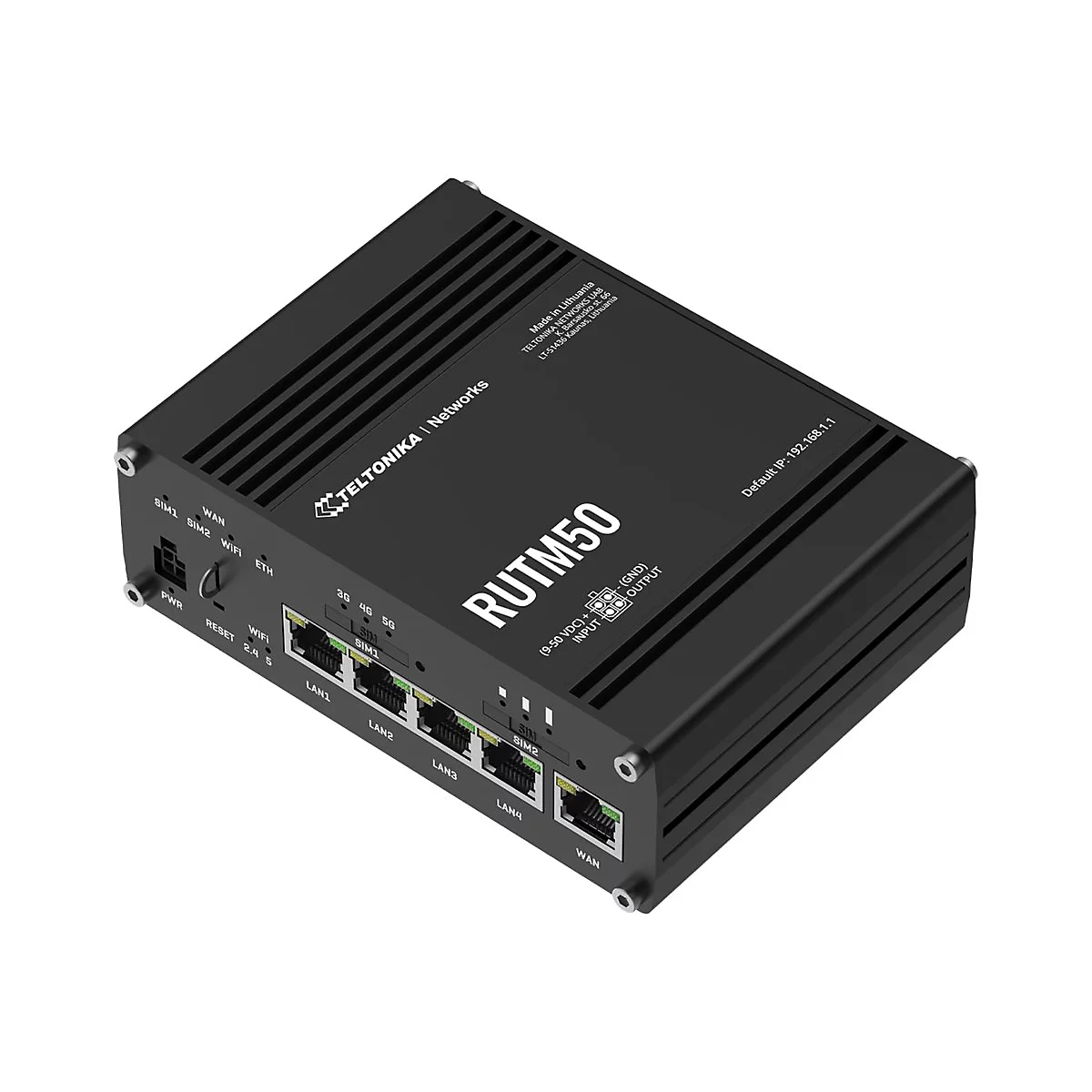 Schwarzer Router mit "Teltonika Networks" Logo, Anschlüssen und "RUTM50" Schriftzug.