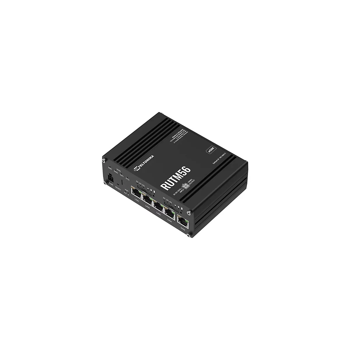 Schwarzer Router RUTM56 von Teltonika mit Anschlüssen und Aufschrift eSIM.