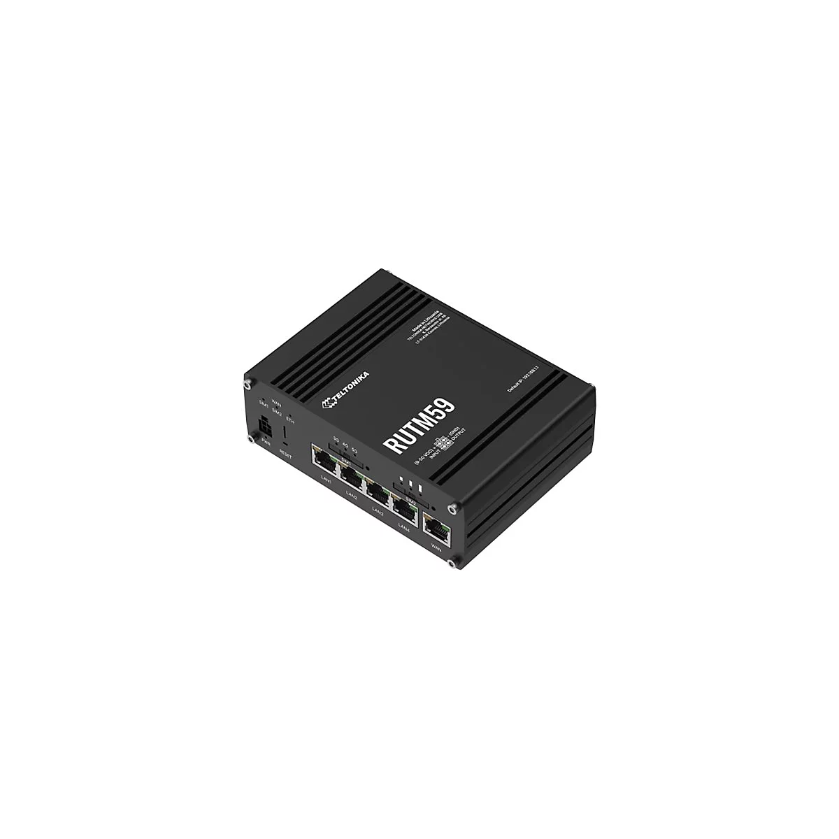 Schwarzer Router mit Beschriftung RUTM59, TELTONIKA. Oben befinden sich Lüftungsschlitze, unten Anschlüsse.