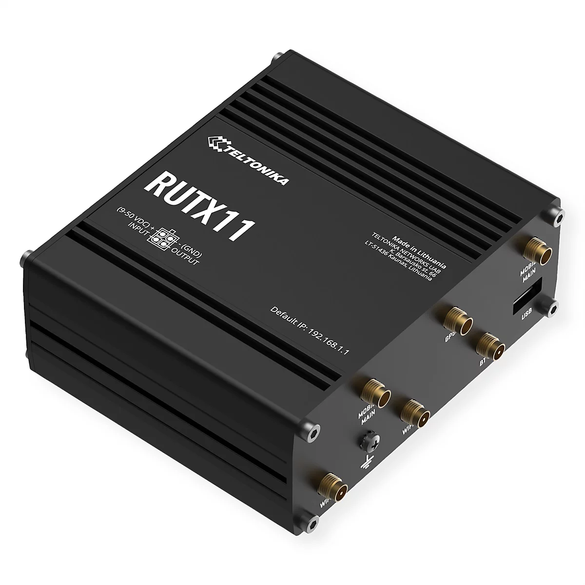 Vue de dessus d'un routeur RUTX11 noir. Montre les ports pour les antennes et l'entrée d'alimentation.