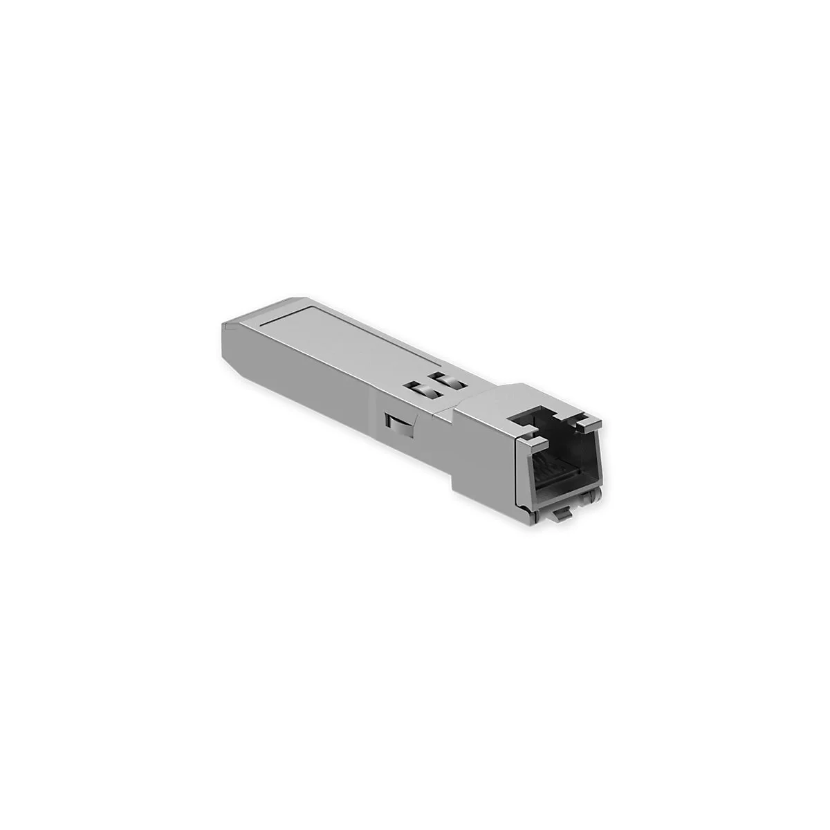 Grauer SFP-Transceiver im Detail. Ein rechteckiges Metallgehäuse mit einem rechteckigen Steckanschluss.