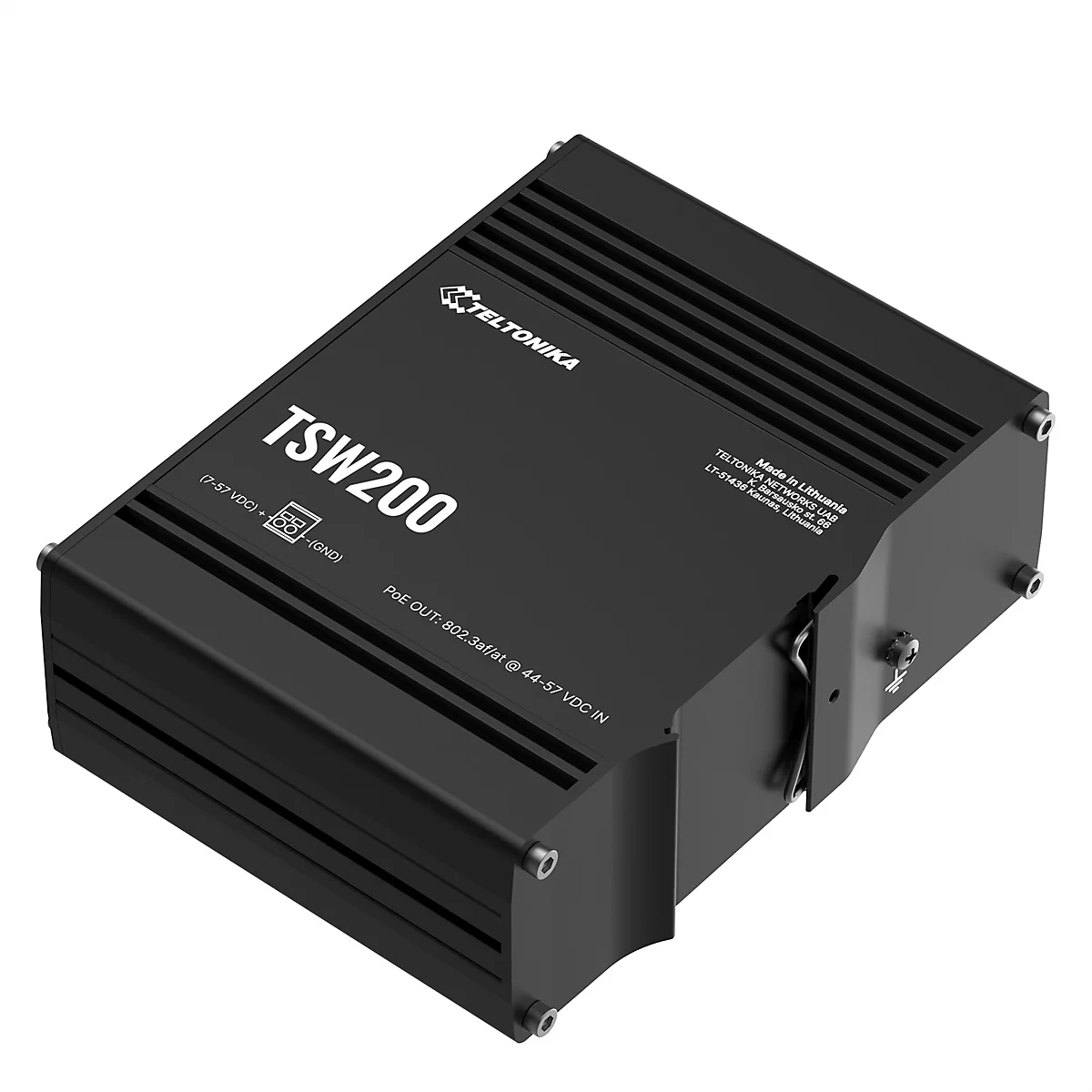 Un appareil TSW200 noir de Teltonika. Le nom du produit et le logo sont en haut, avec des ports de connexion en dessous.