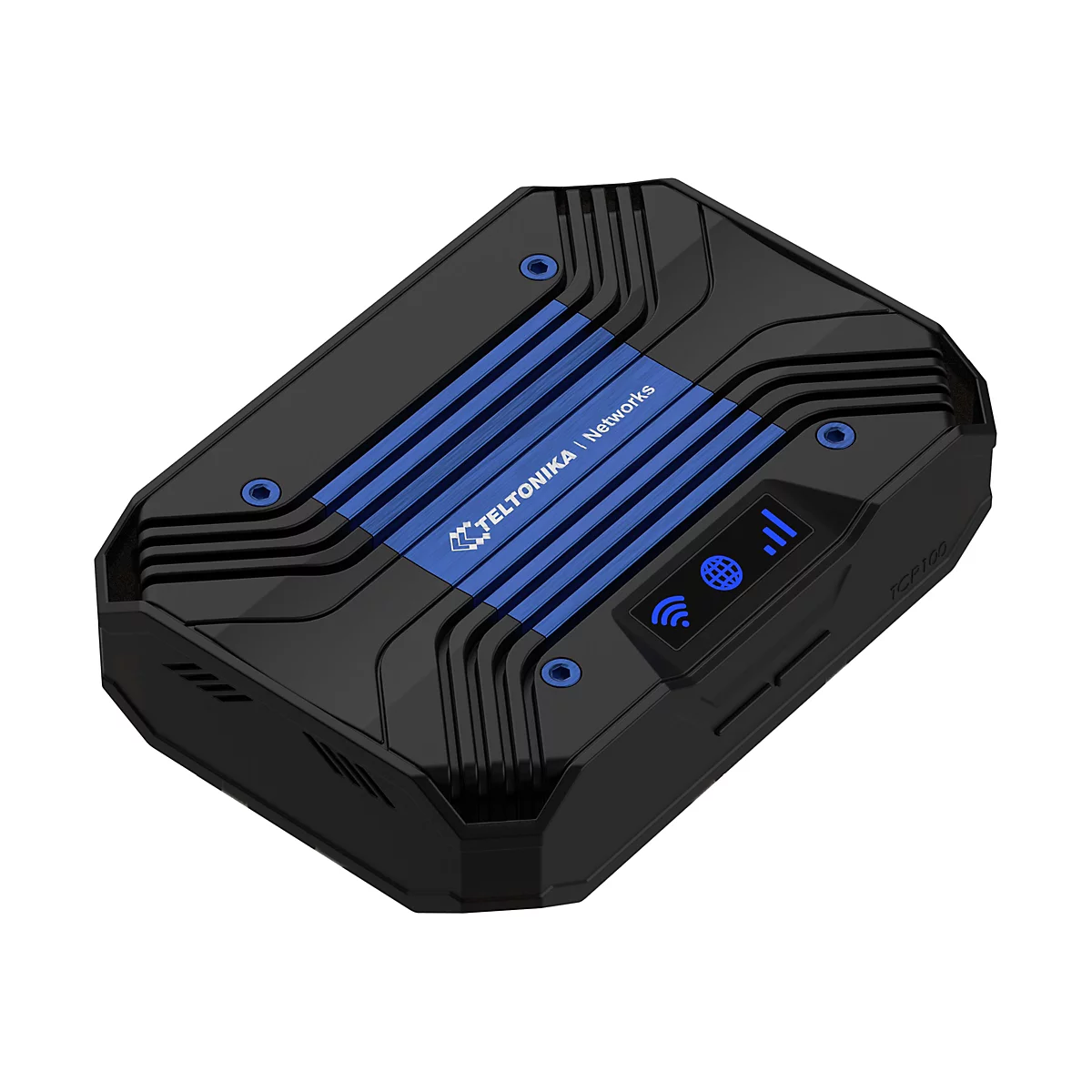 Schwarzes rechteckiges GerÃ¤t, blaue Streifen auf der Oberseite mit Firmenlogo. Anzeige mit Symbolen fÃ¼r WLAN und SignalstÃ¤rke.