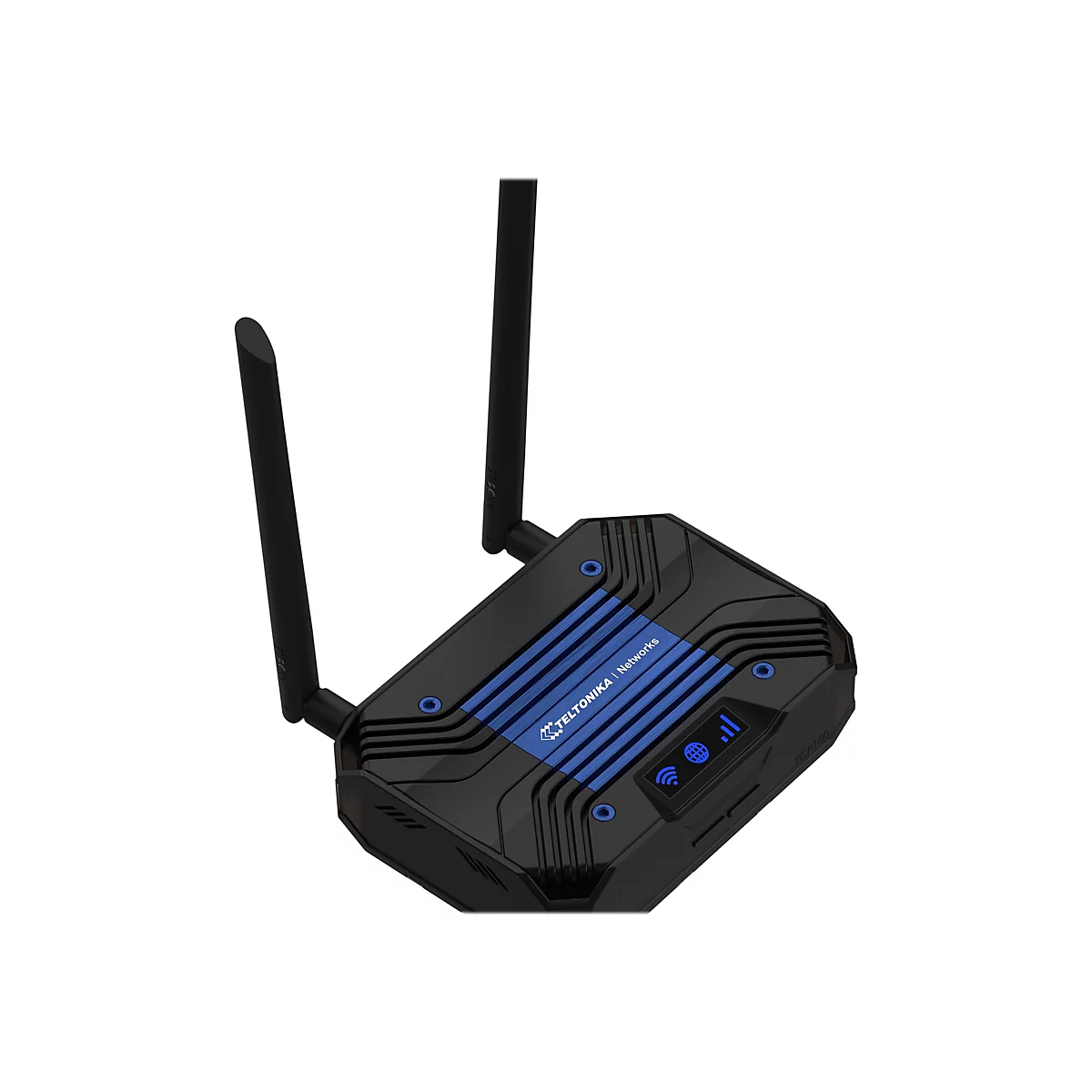 Schwarzer Router mit blauen Akzenten und zwei Antennen.