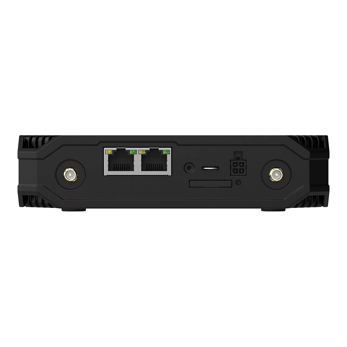 Schwarzes elektronisches GerÃ¤t mit AnschlÃ¼ssen: zwei Ethernet-Ports, ein SD-Karten-Slot, ein SIM-Karten-Slot und zwei AntennenanschlÃ¼sse.