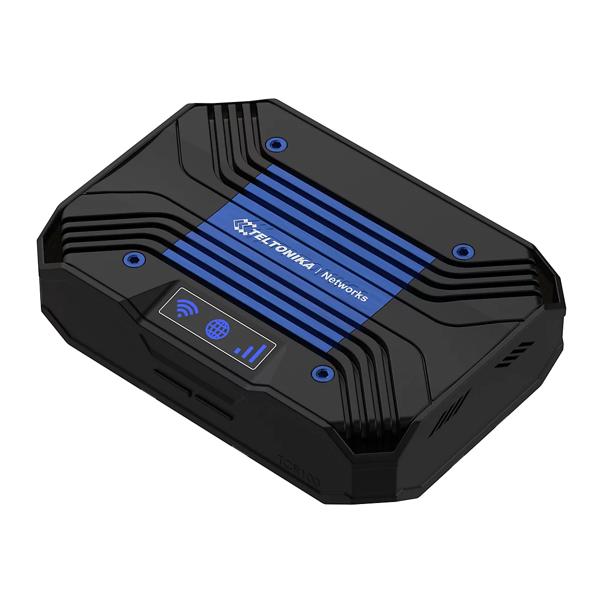 Schwarzes, eckiges GerÃ¤t mit blauem Mittelteil und Aufschrift TELTONIKA Networks. AnzeigeflÃ¤che mit WLAN- und Signal-Symbolen.