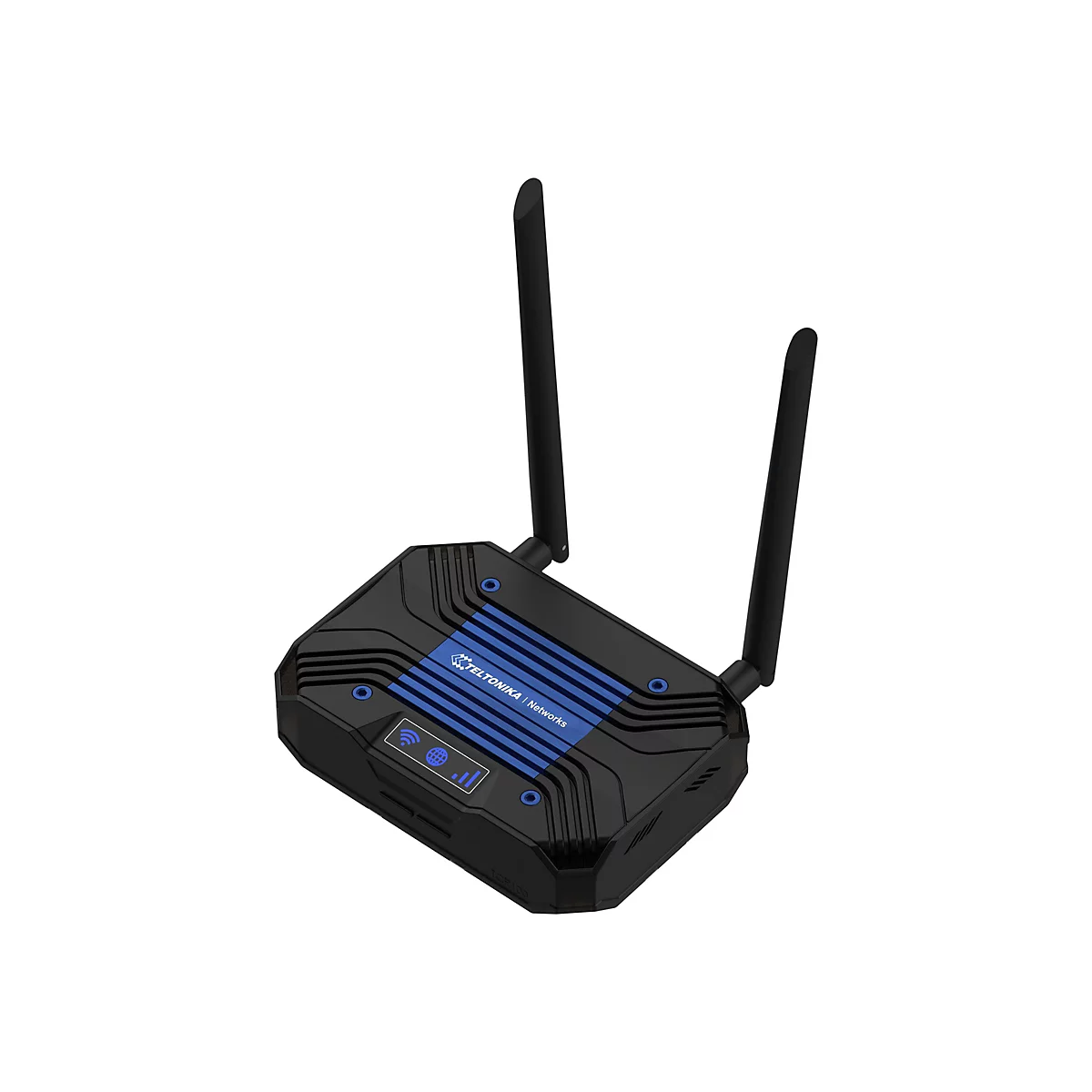 Schwarzer Router mit blauen Akzenten, zwei Antennen und dem Motorola-Logo.