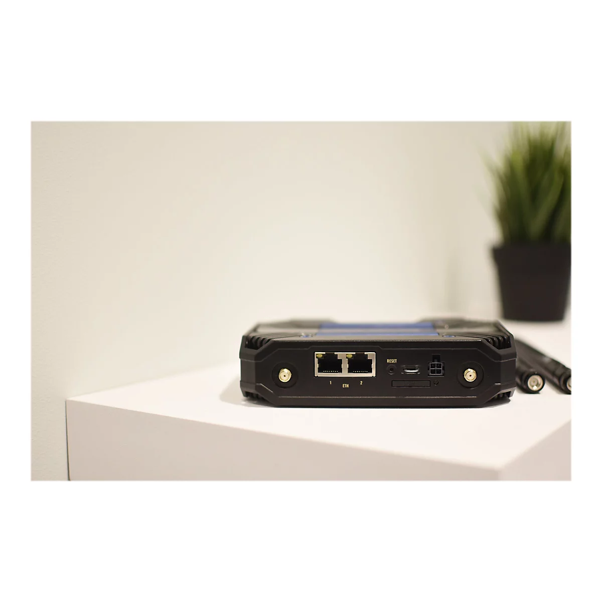 Schwarzer Router mit AnschlÃ¼ssen auf einer weiÃŸen FlÃ¤che. Im Hintergrund Topf mit grÃ¼ner Pflanze und Stift.