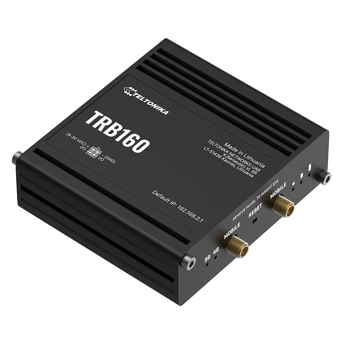 Schwarzer Router TRB160, mit Texten wie „TRB160“, „Made in Lithuania“ und Anschlüssen für Antennen.