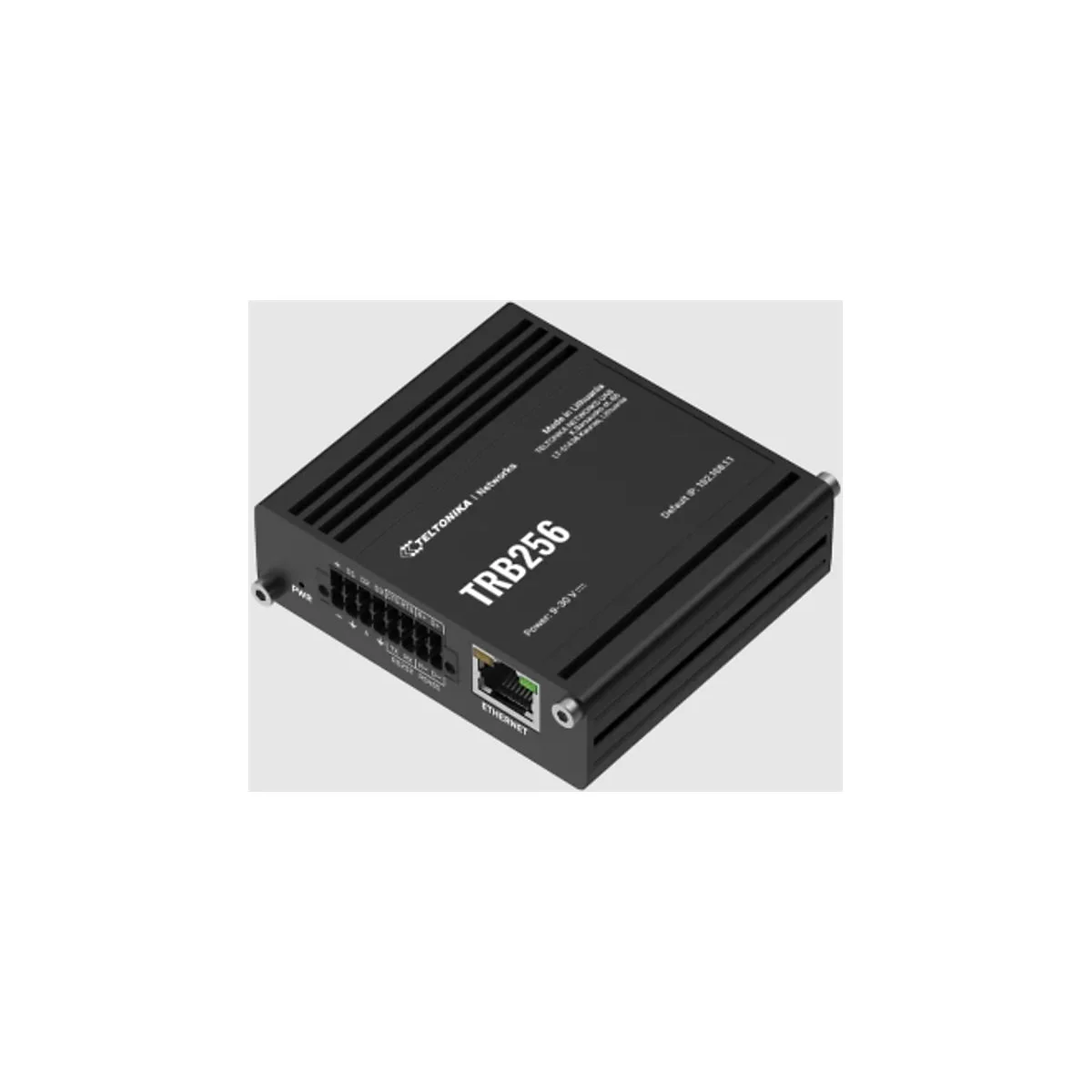 Schwarzes Netzwerkgerät TRB256 von Teltonika. Mit Ethernet-Anschluss und Aufschrift 'Power: 9-30V=' und 'Ethernet'.