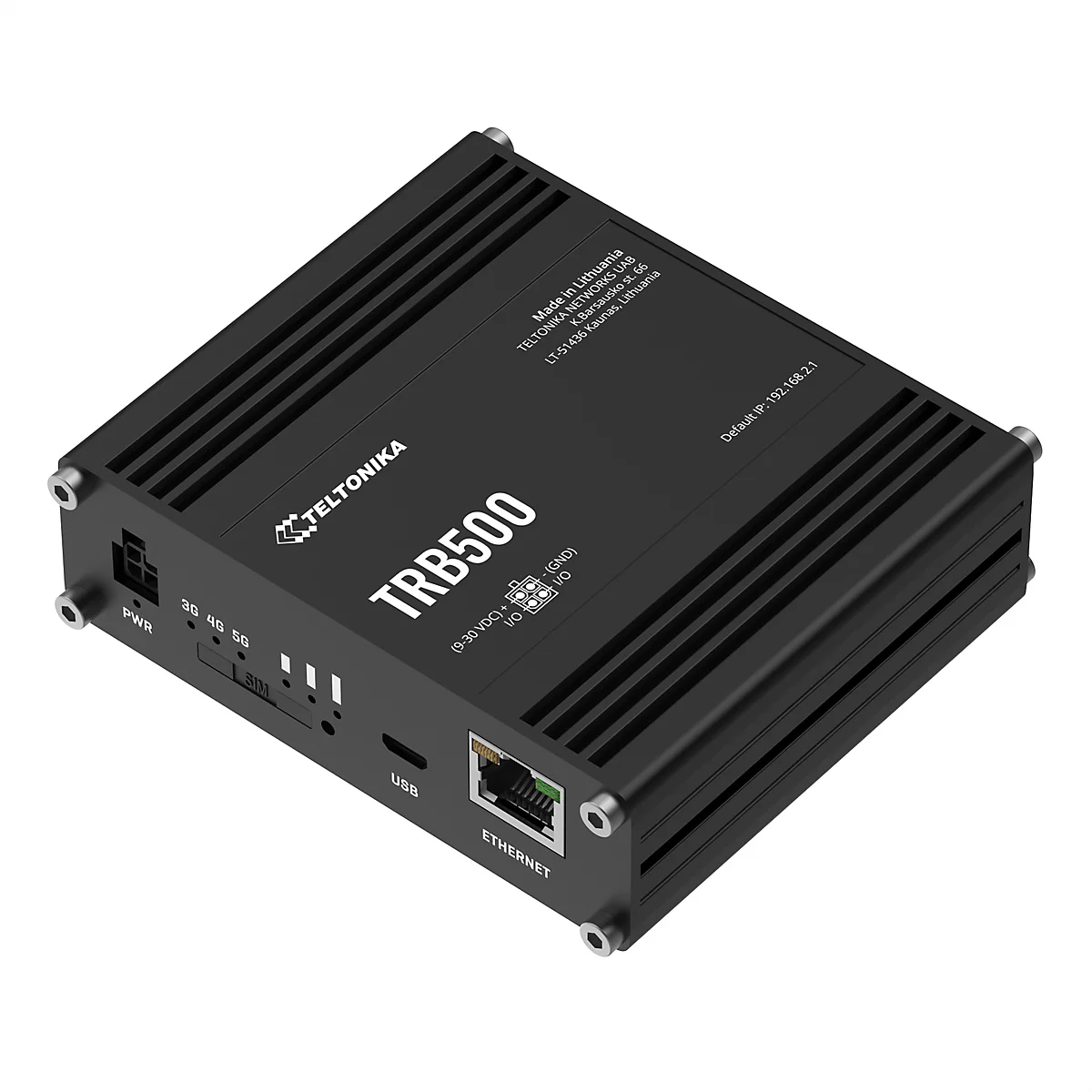 Appareil TRB500 noir de Teltonika. Avec des connexions Ethernet, USB et d'alimentation.