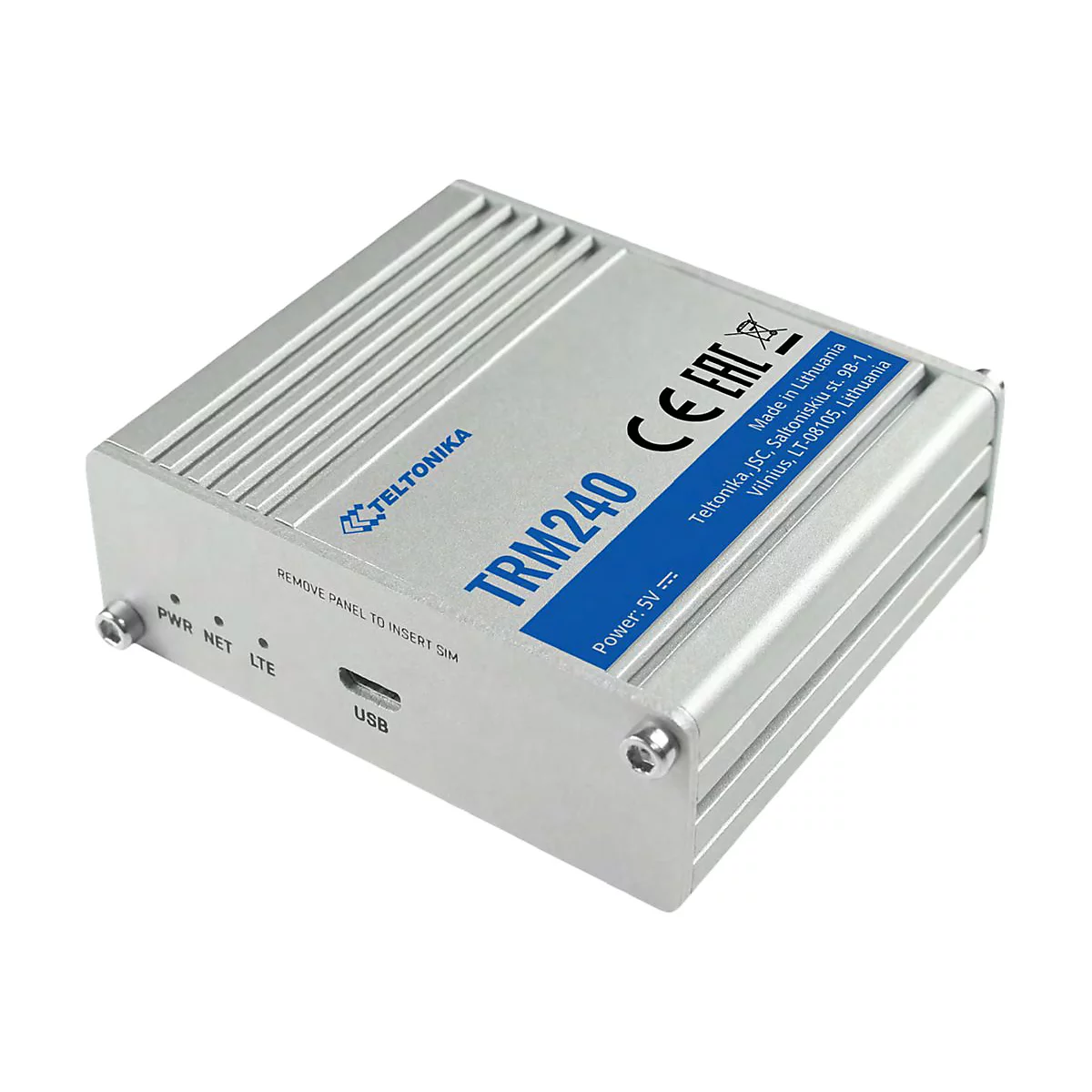 Appareil électronique argenté TRM240 avec étiquettes bleues et texte TELTONIKA.