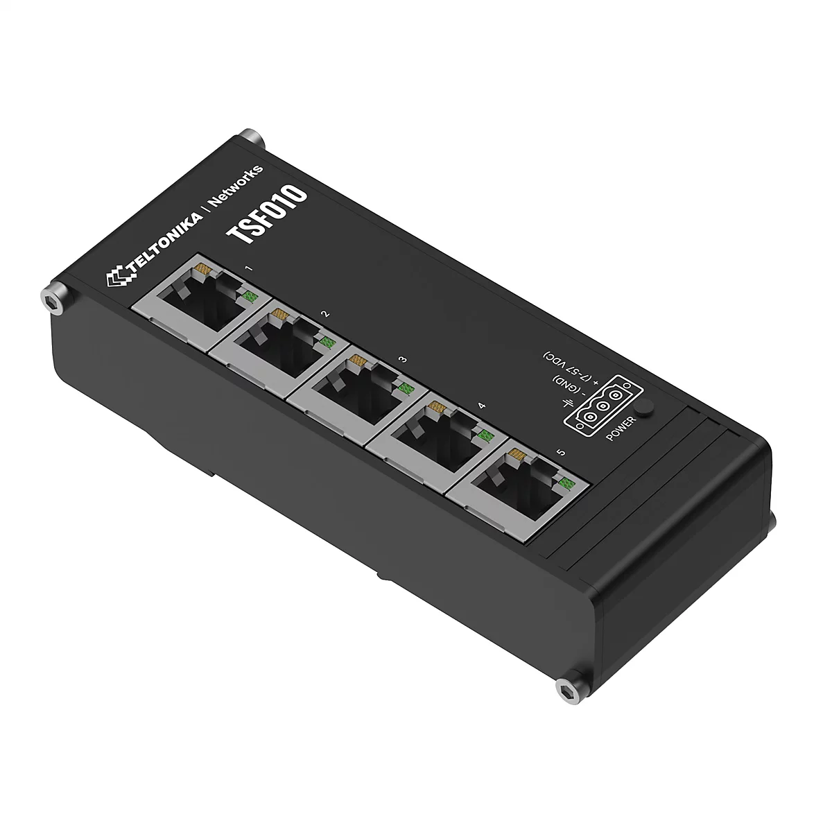 Un appareil réseau noir Teltonika, modèle TSF010, avec cinq ports Ethernet.