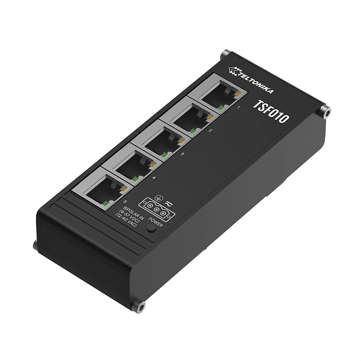 Schwarzer Teltonika TSF010 Netzwerk-Switch mit fünf RJ45-Ports und Stromeingang.