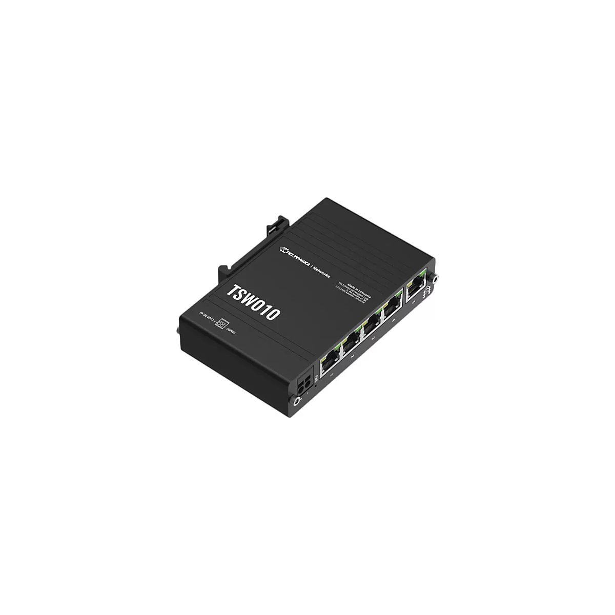 Schwarzer Teltonika TSW010 Industrie-Switch mit fünf Ethernet-Anschlüssen vor weißem Hintergrund.