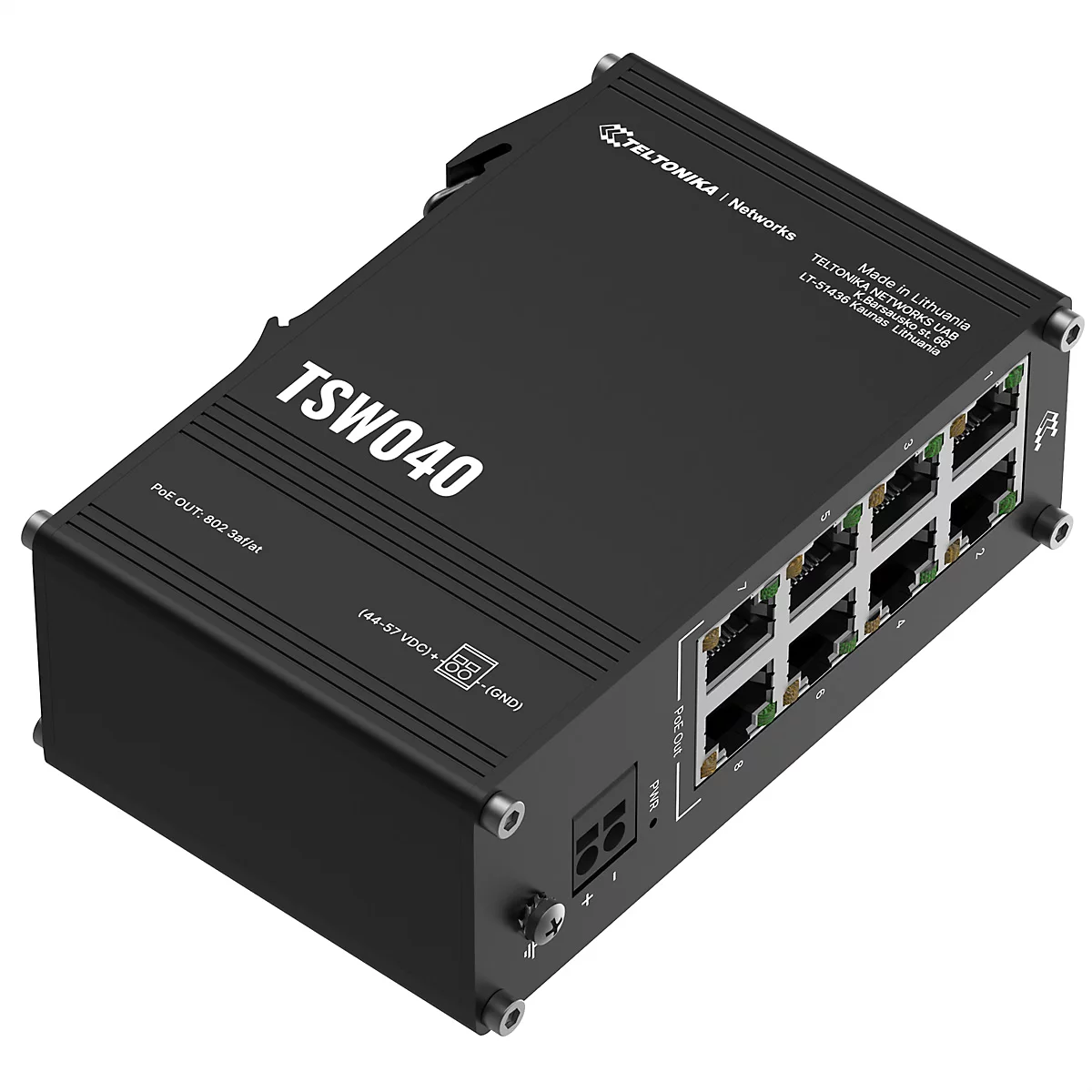 Schwarzer Netzwerk-Switch TSW040 mit Anschlüssen und Beschriftung. Links steht PoE Out, rechts die Ports und die Marke.
