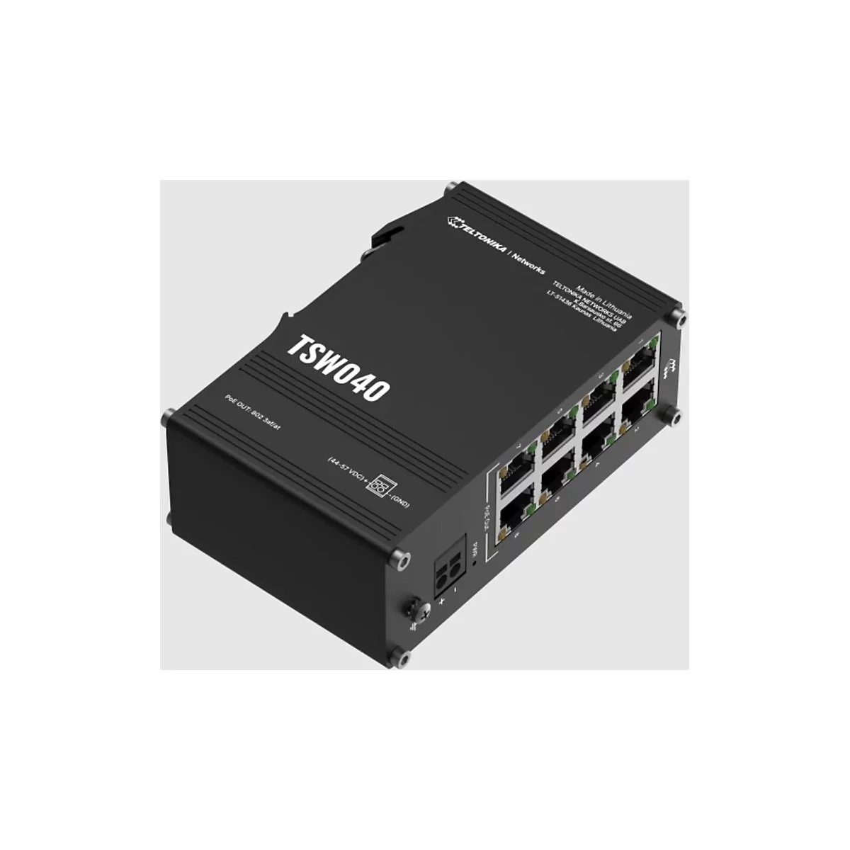 Ein schwarzer TSW040-Switch mit Anschlüssen, Beschriftungen und dem Logo von Teltonika Networks.