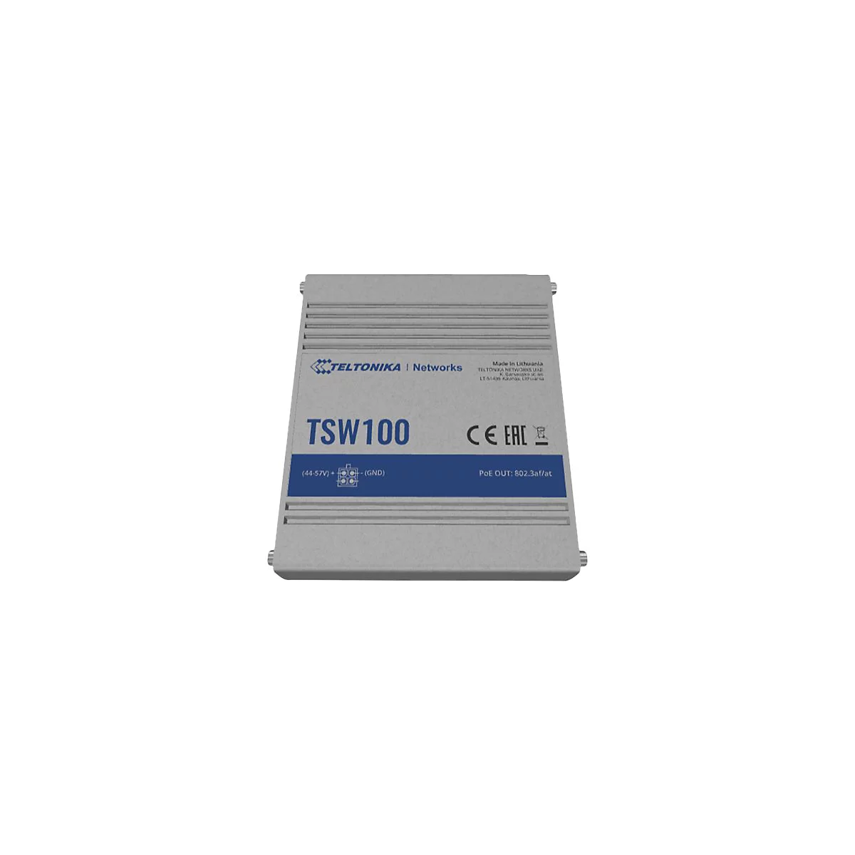 Grauer Netzwerk-Switch mit der Aufschrift TSW100. Blauer Streifen mit Anschlüssen. Logos und CE-Kennzeichnung vorhanden.