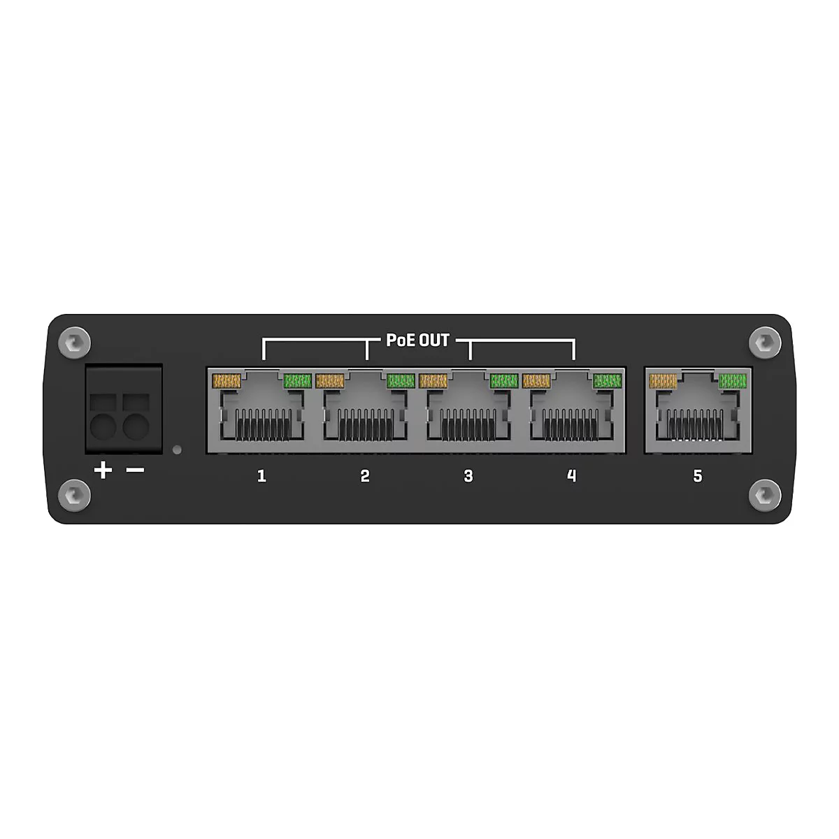 Frontansicht eines Netzwerkschalters mit fünf Ethernet-Ports und einem Stromanschluss.