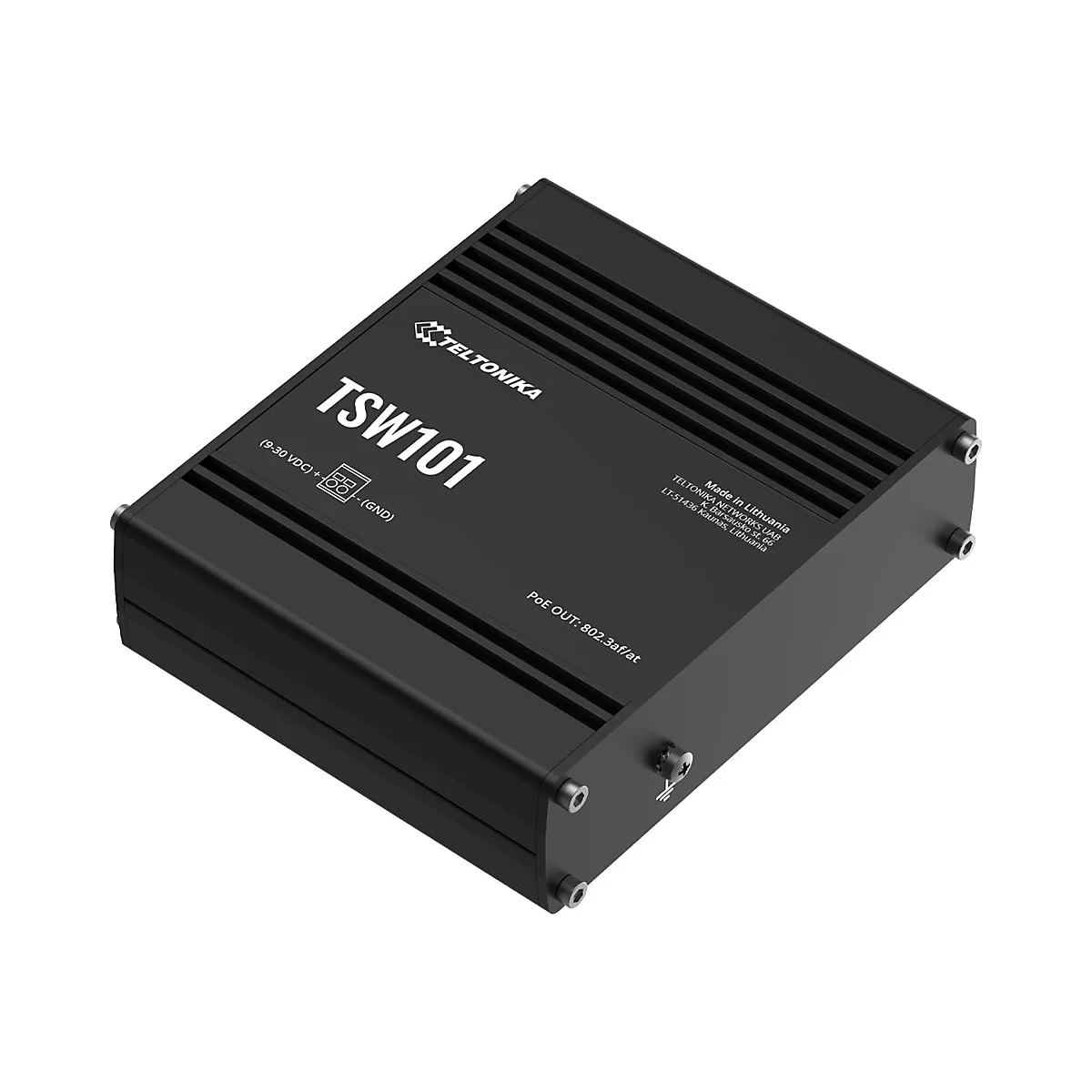 Schwarzer Teltonika TSW101 Industrial Switch mit weißem Aufdruck vor weißem Hintergrund.