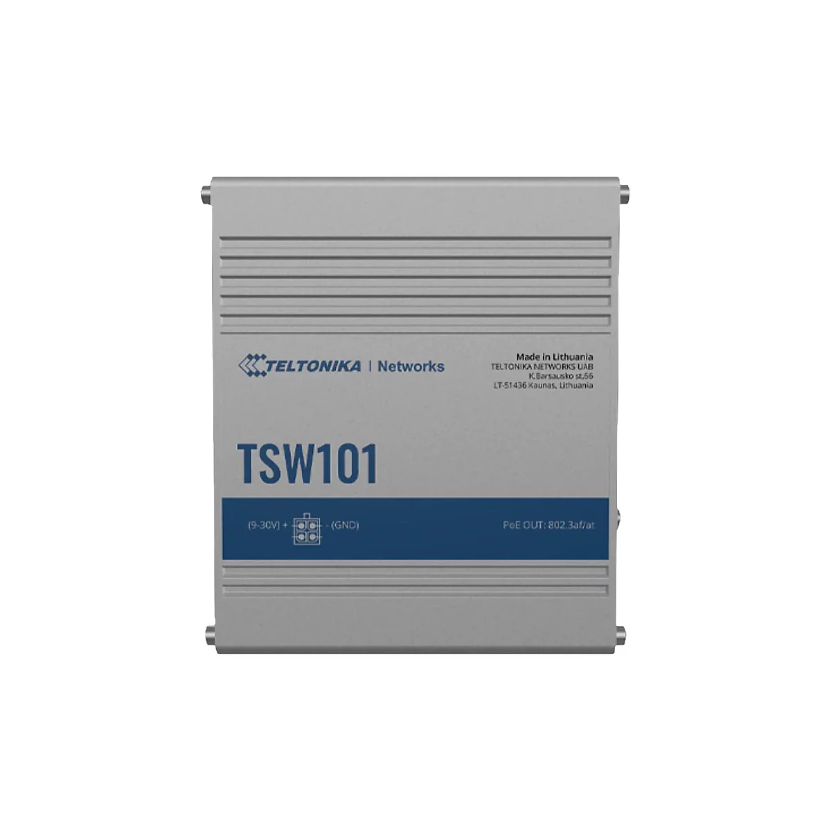 Grauer TSW101 Netzwerk-Switch. Aufschrift: Teltonika Networks, TSW101, Anschlüsse, PoE-Ausgang, Herstellungsort.