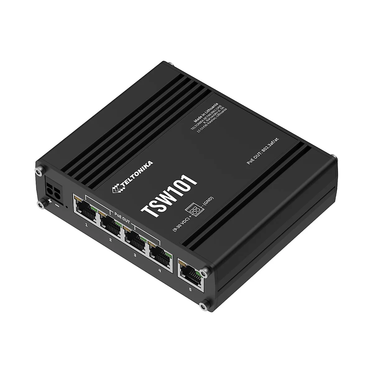 Schwarzer Teltonika TSW101 Ethernet-Switch mit fünf Ports vor weißem Hintergrund.