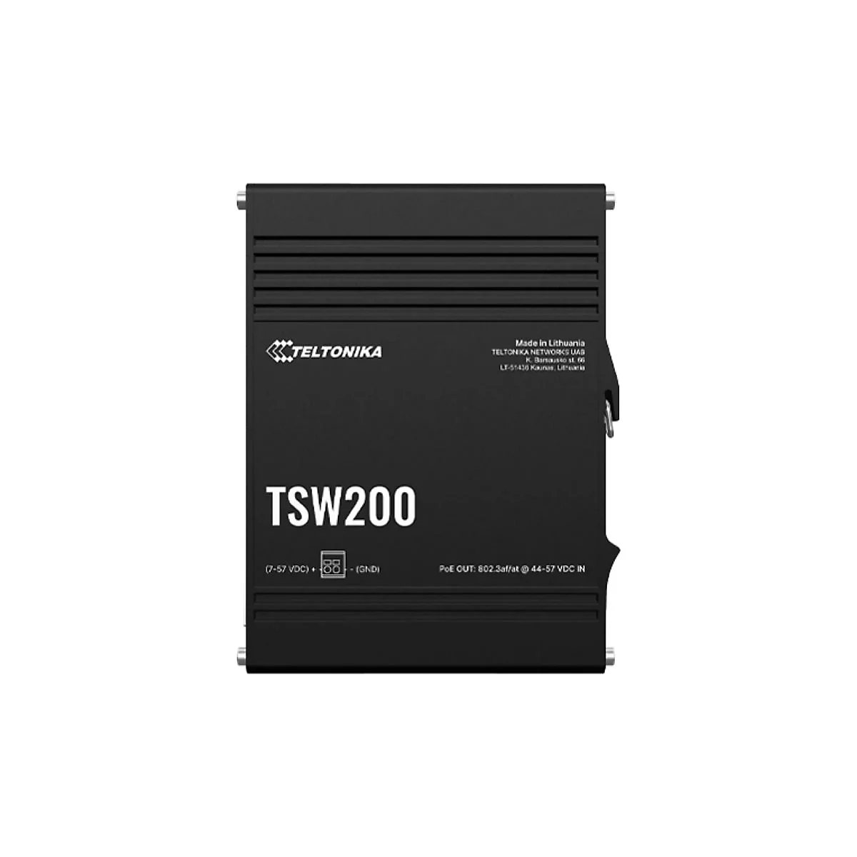 Appareil noir avec marquages Teltonika. Nom du modèle TSW200. Informations sur le raccordement électrique et les spécifications techniques.