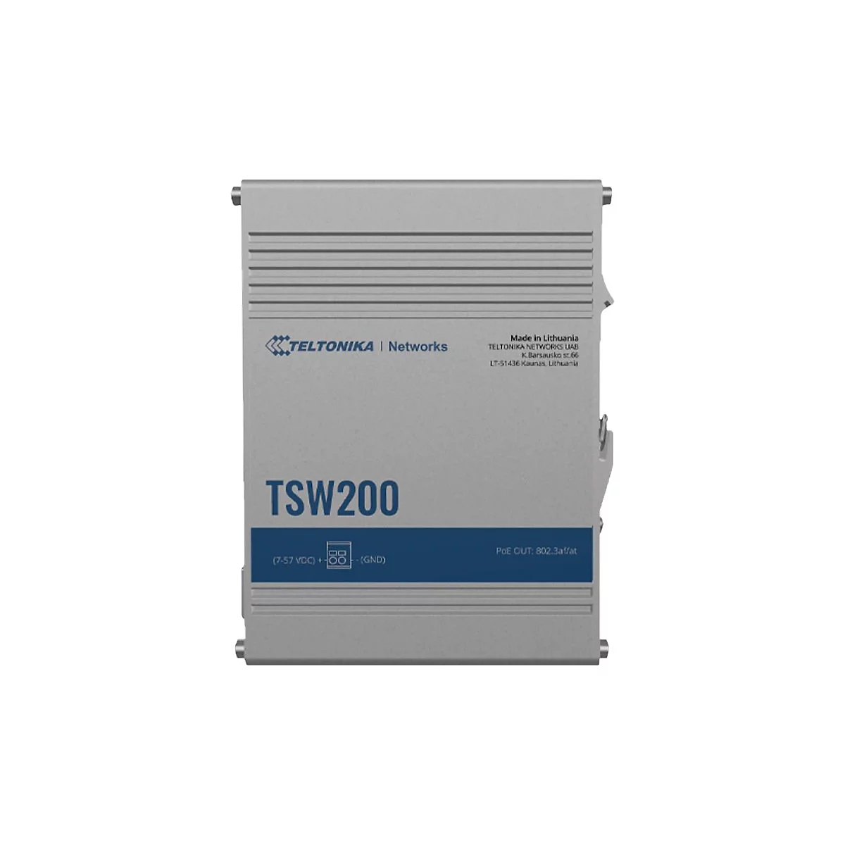 Graues, rechteckiges Teltonika TSW200 Industrieswitch-Gerät vor weißem Hintergrund.