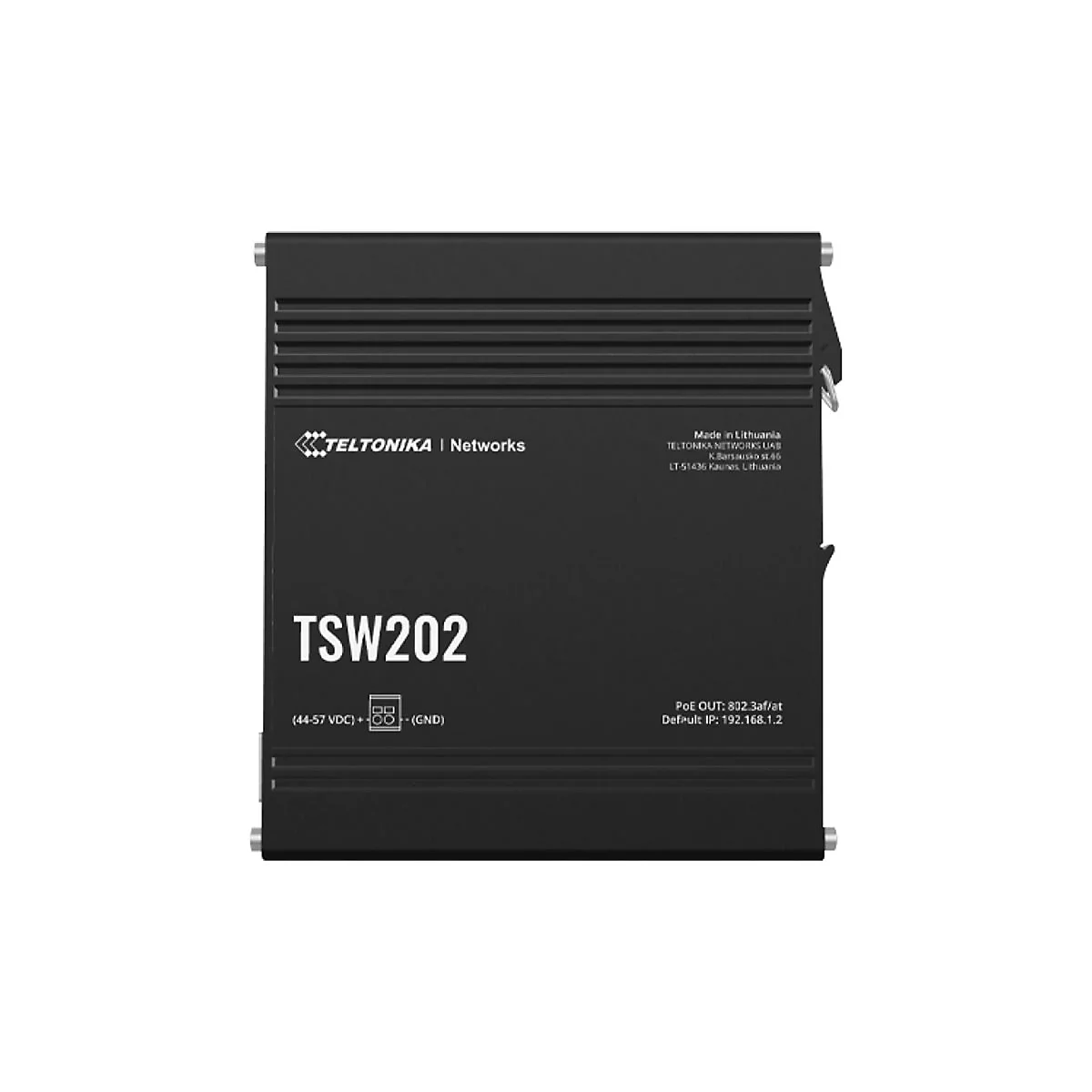 Un appareil réseau TSW202 noir avec texte blanc. En haut à gauche, le logo 'TELTONIKA | Networks', à droite 'Made in Lithuania'.
