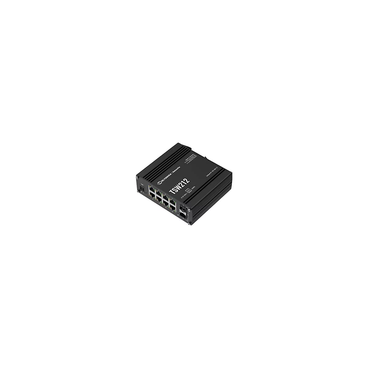 Schwarzer Netzwerk-Switch Teltonika TSW212. Obenliegende Anschlüsse, seitliche Lüftungsschlitze, weiße Schrift.