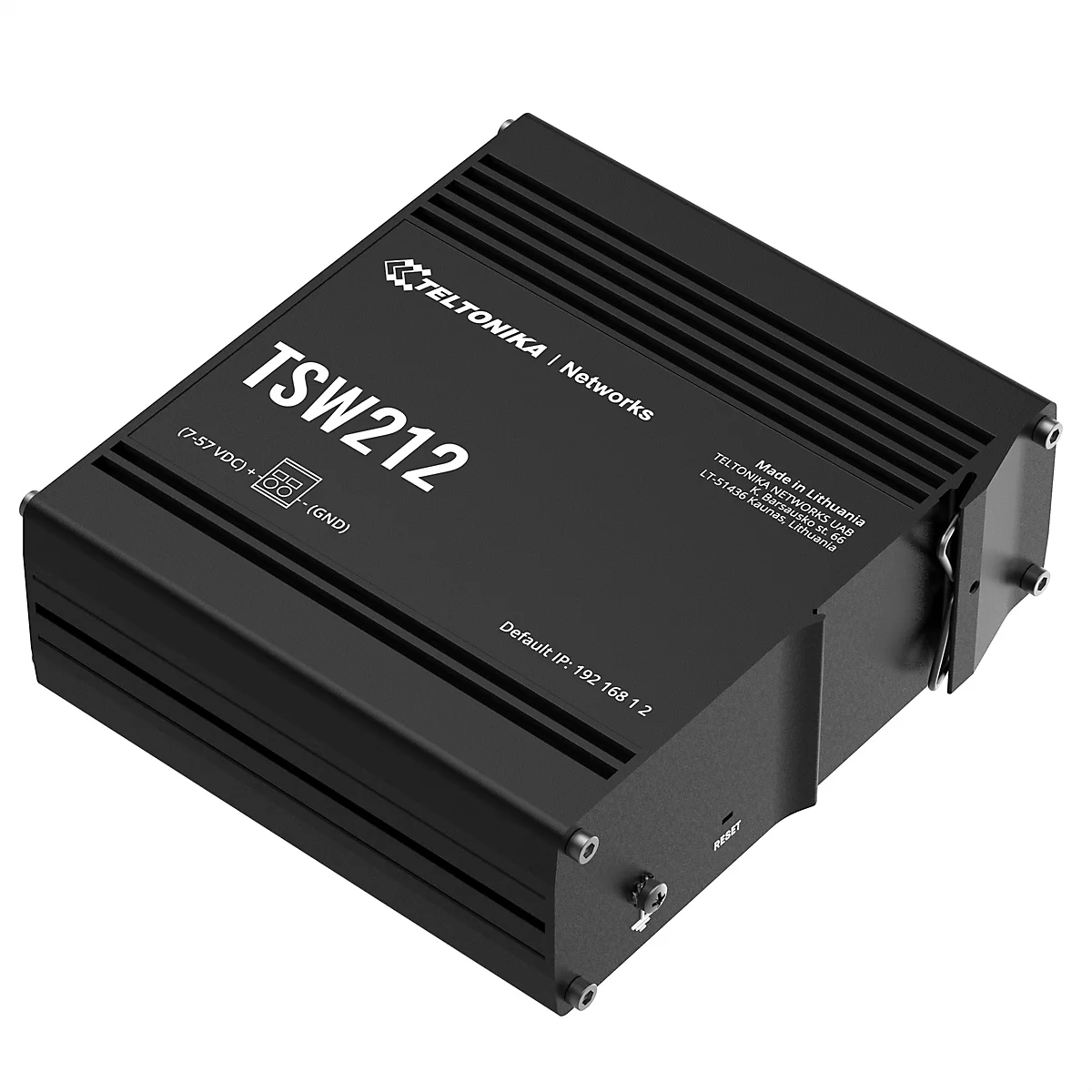 Schwarzer TSW212 Router mit der Aufschrift "TELTONIKA | Networks".