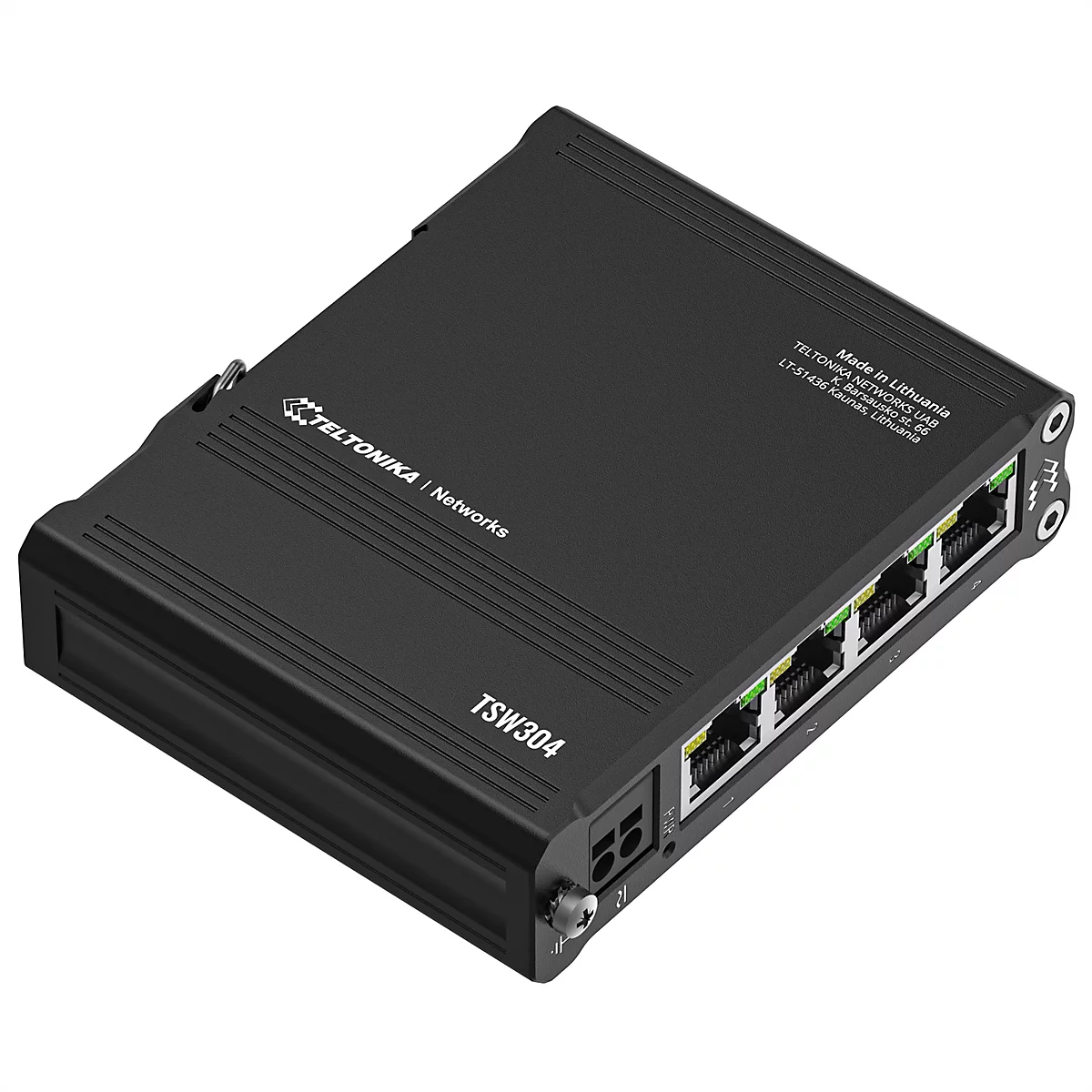 Schwarzer Teltonika TSW304 Netzwerk-Switch in Metallgehäuse mit vier Ethernet-Anschlüssen vor weißem Hintergrund.