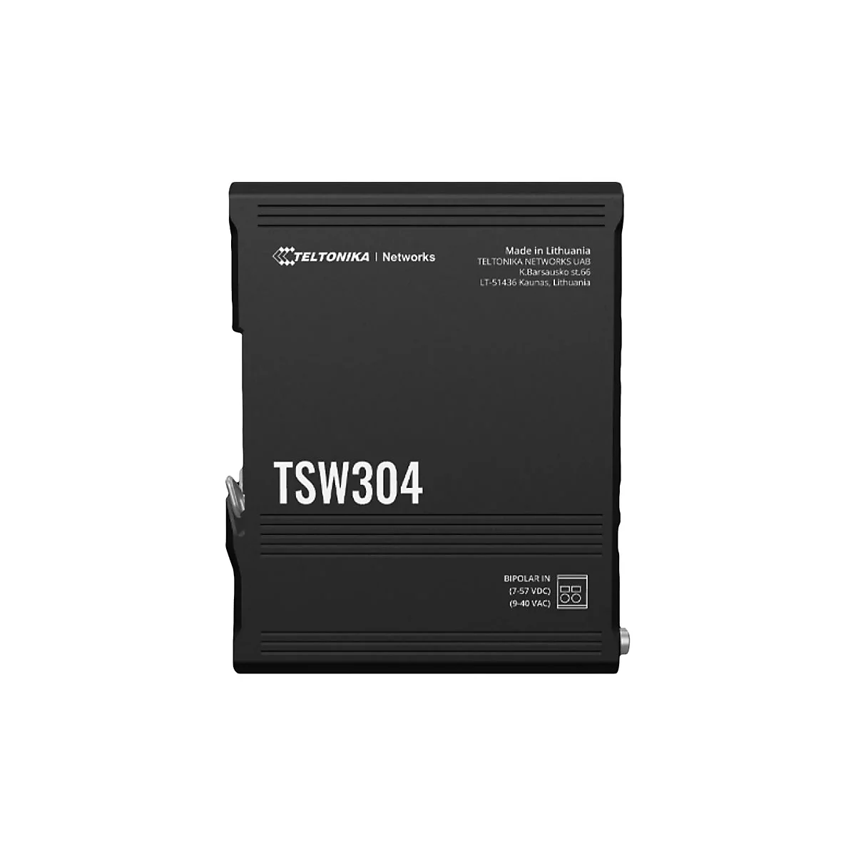 Schwarzes Teltonika Networks TSW304 Netzwerkgerät mit weißer Beschriftung vor neutralem Hintergrund.