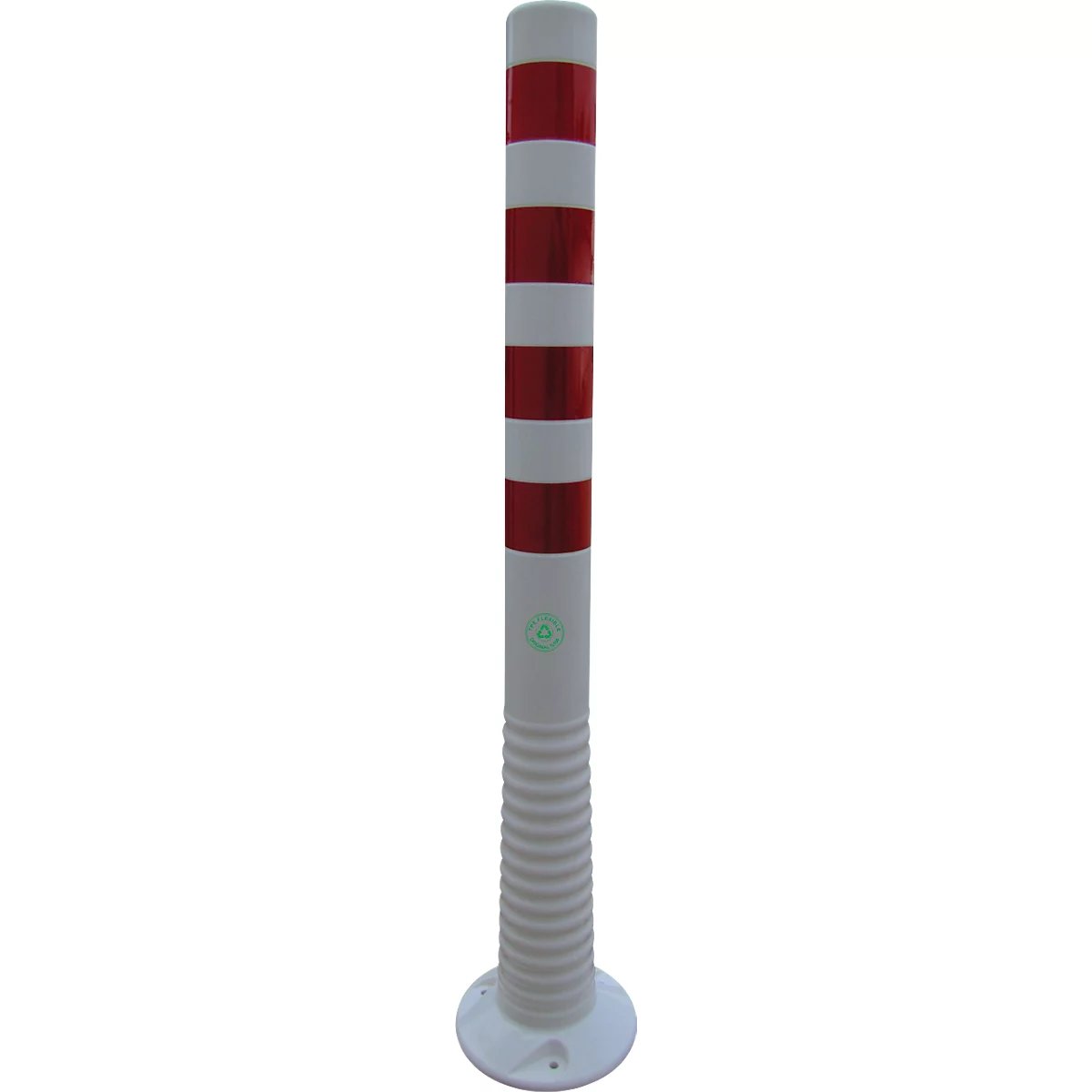 White and red striped, cylindrical barrier standing on a round base.