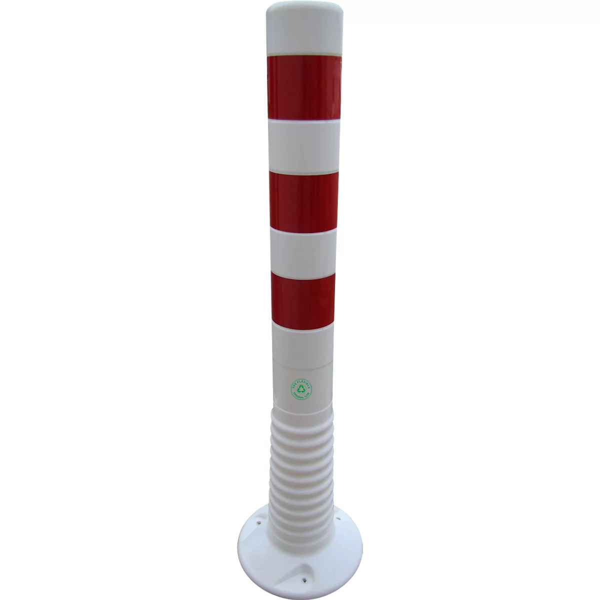 White and red striped bollard. Base with corrugated surface, green logo.