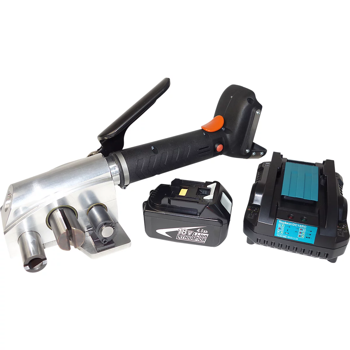 Tendeur de force ATI-17, pour rubans textiles de L 16-40 mm &amp; épaisseur 0,5-1,3 mm, force de traction 11000 N, unité de coupe intégrée, fonctionnement sur batterie, noir
