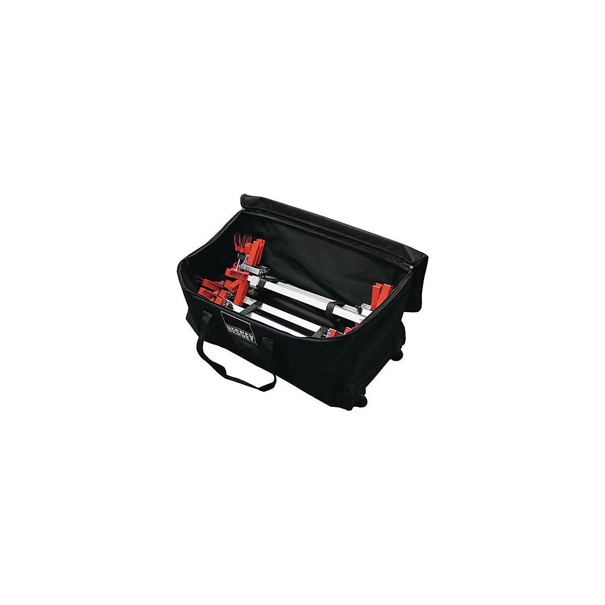 Sac de transport noir avec outils orange et argent. Logo "BESSEY" sur le sac.