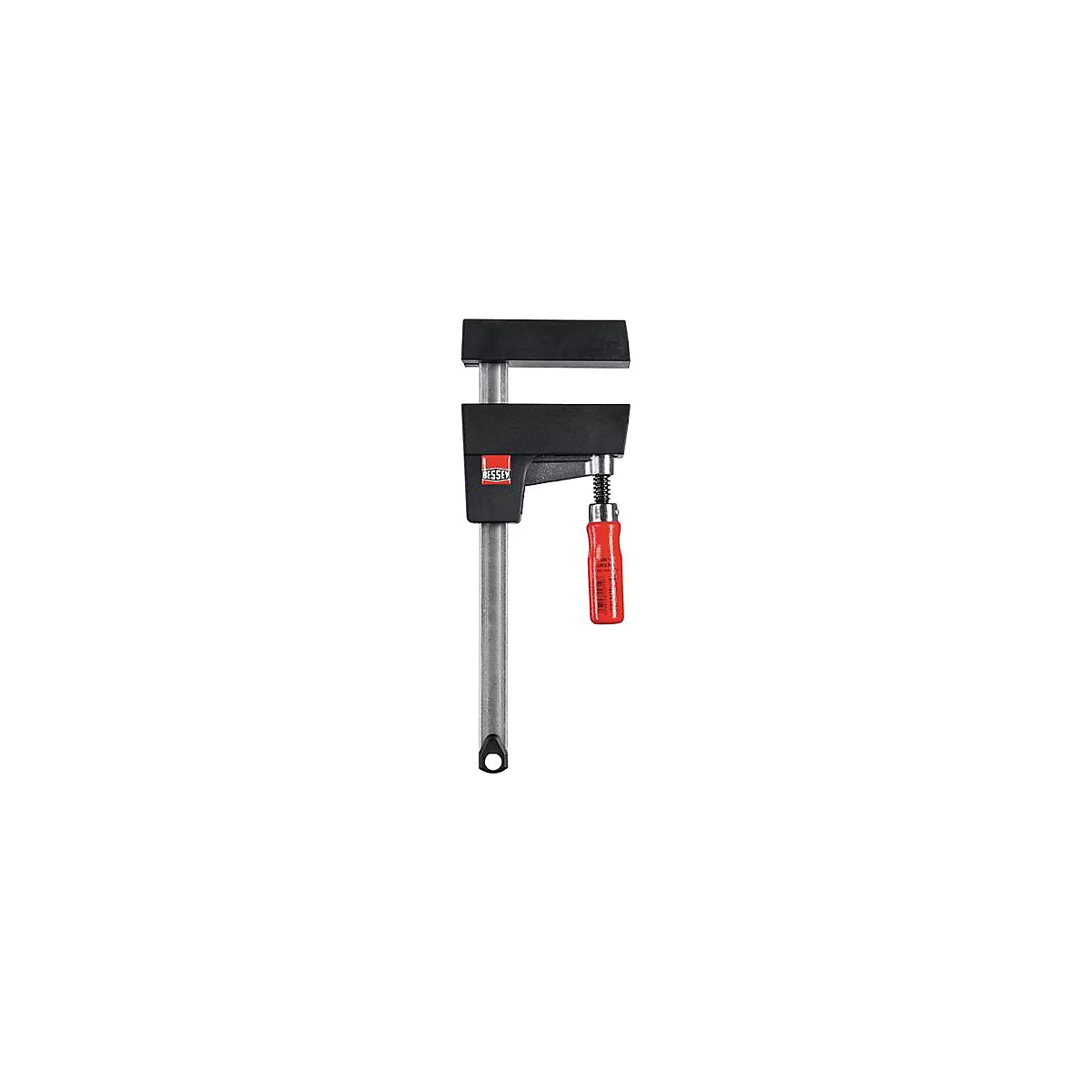 Serre-joint, noir avec poignée rouge et éléments argentés.