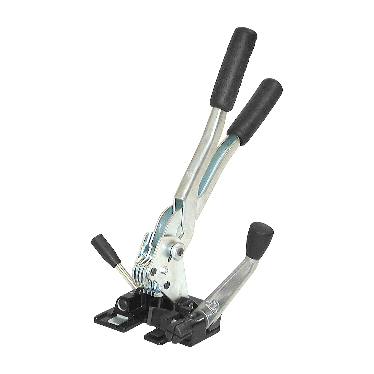 Metal strapping tool on white background, with black handles and levers.