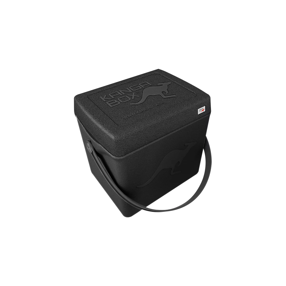 Nevera Kanga Box negra con asa y logo de canguro.