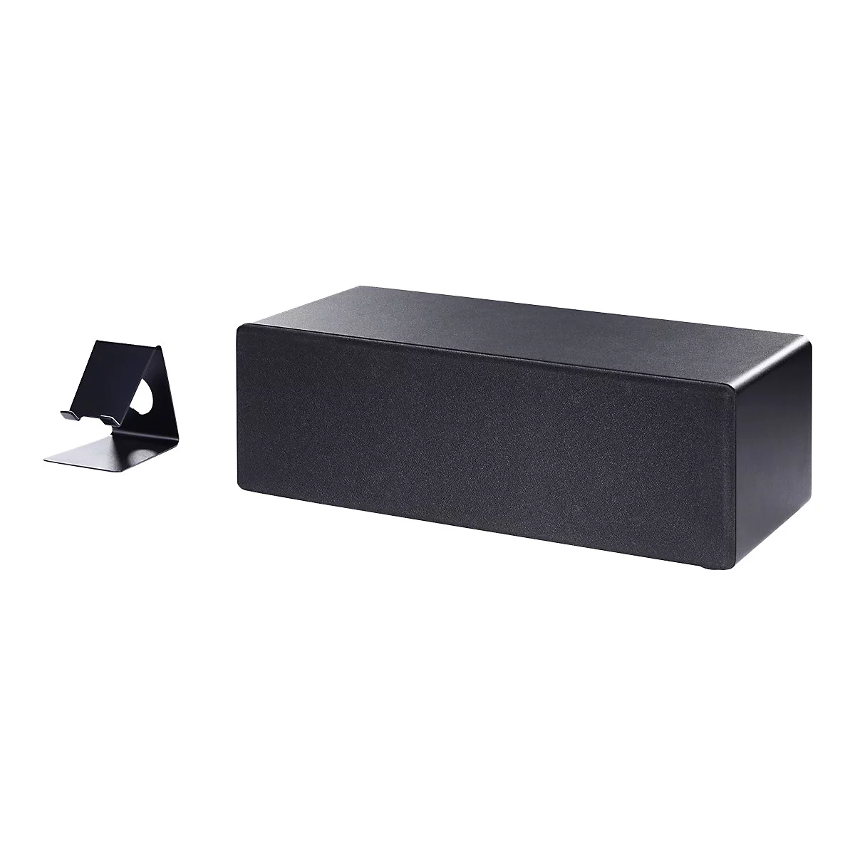 Schwarze Kabelbox und Handyhalter vor weiÃŸem Hintergrund.
