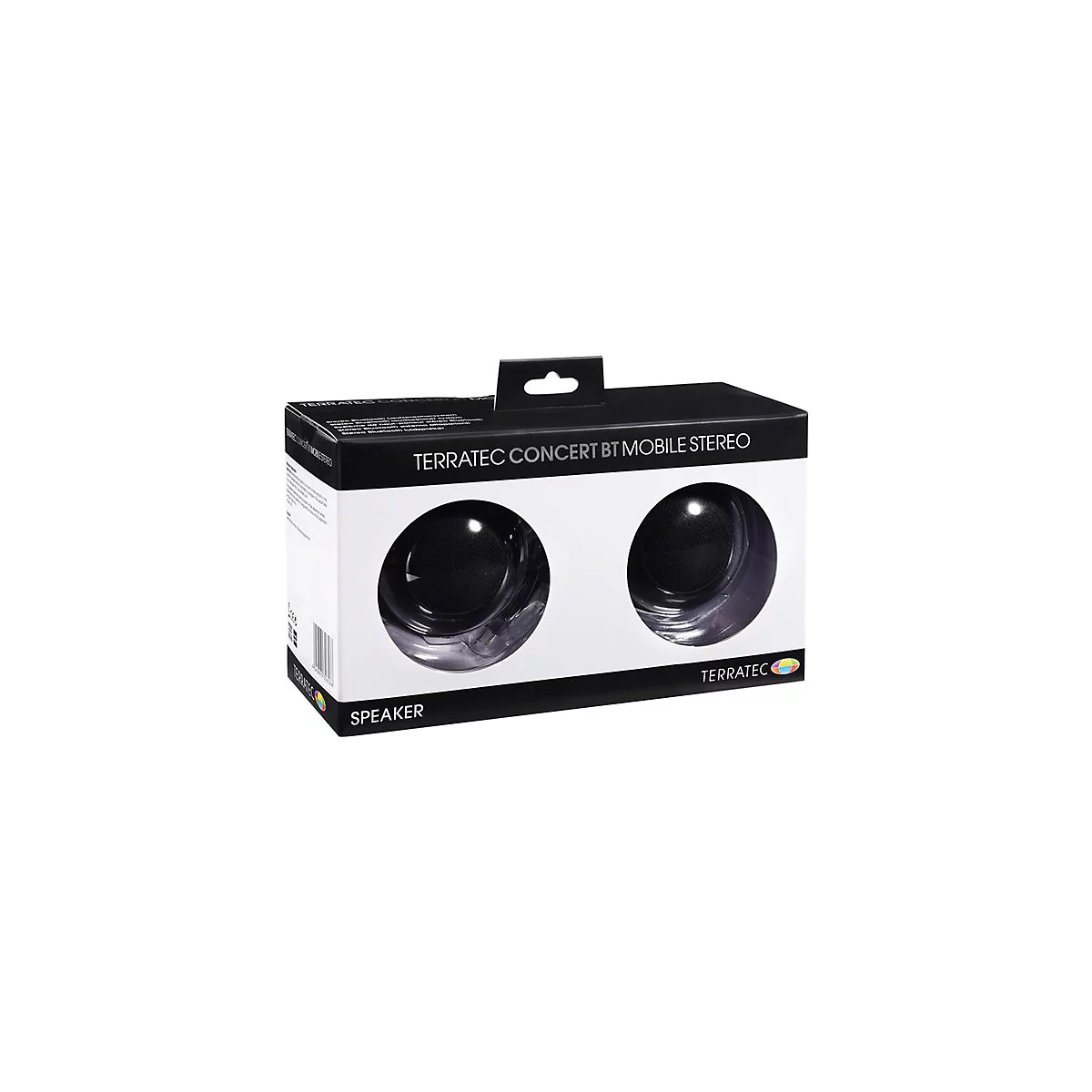 Schwarzer Lautsprecher in Verpackung, mit Label Terratec Concert BT Mobile Stereo.