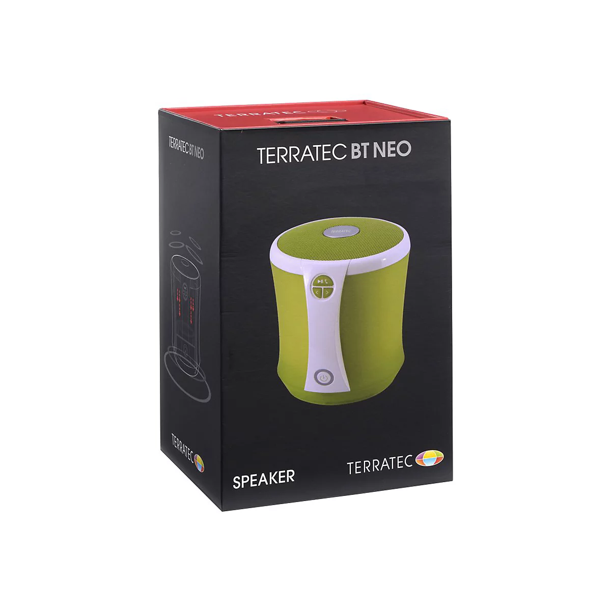 Ein Lautsprecher Terratec BT Neo in grüner Farbe, auf einer schwarzen Verpackung. Auf der Verpackung ist der Lautsprecher abgebildet.